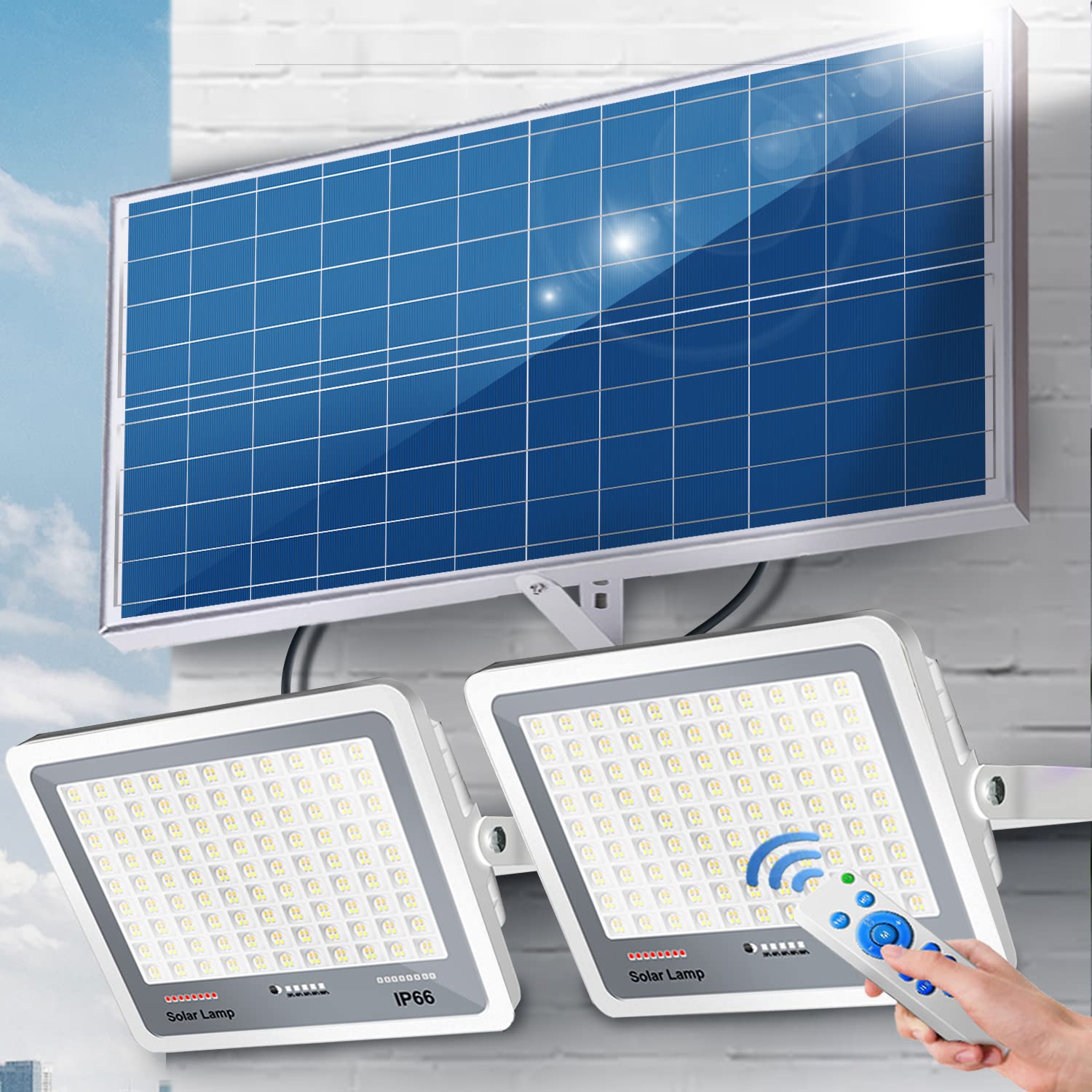 20000mAh 100W Solar LED Flood Lights Set - Dimmable 3000K-7000K Outdoor Lighting with Remote Control & Lightning Protection | IP66 Waterproof, Dusk to Dawn Sensor | Perfect for Barn, Pool, Garage, Yard & Security Lighting