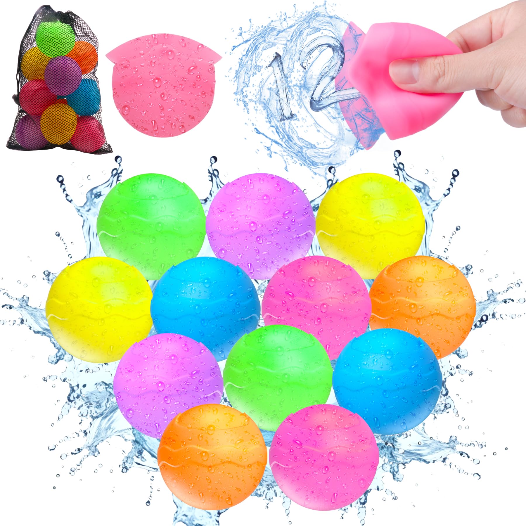**Eco-Friendly Reusable Water Balloons for Kids - Quick Fill Self-Sealing Splash Balls with Mesh Bag - Fun Summer Pool & Beach Toys for Boys & Girls Ages 3-12 (12 Pack) - Perfect for Outdoor Water Fights, Birthday Parties & Backyard Games**