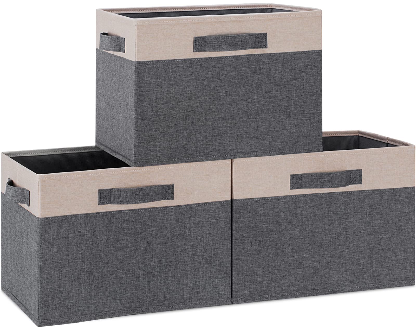 Large Foldable Fabric Storage Bins with 3 Handles - 15x11x9.6 Inch Closet Organizer Baskets - Sturdy Shelving Storage for Bedroom, Living Room & Office - Beige Set of 3 - Perfect for Home Organization & Space Saving