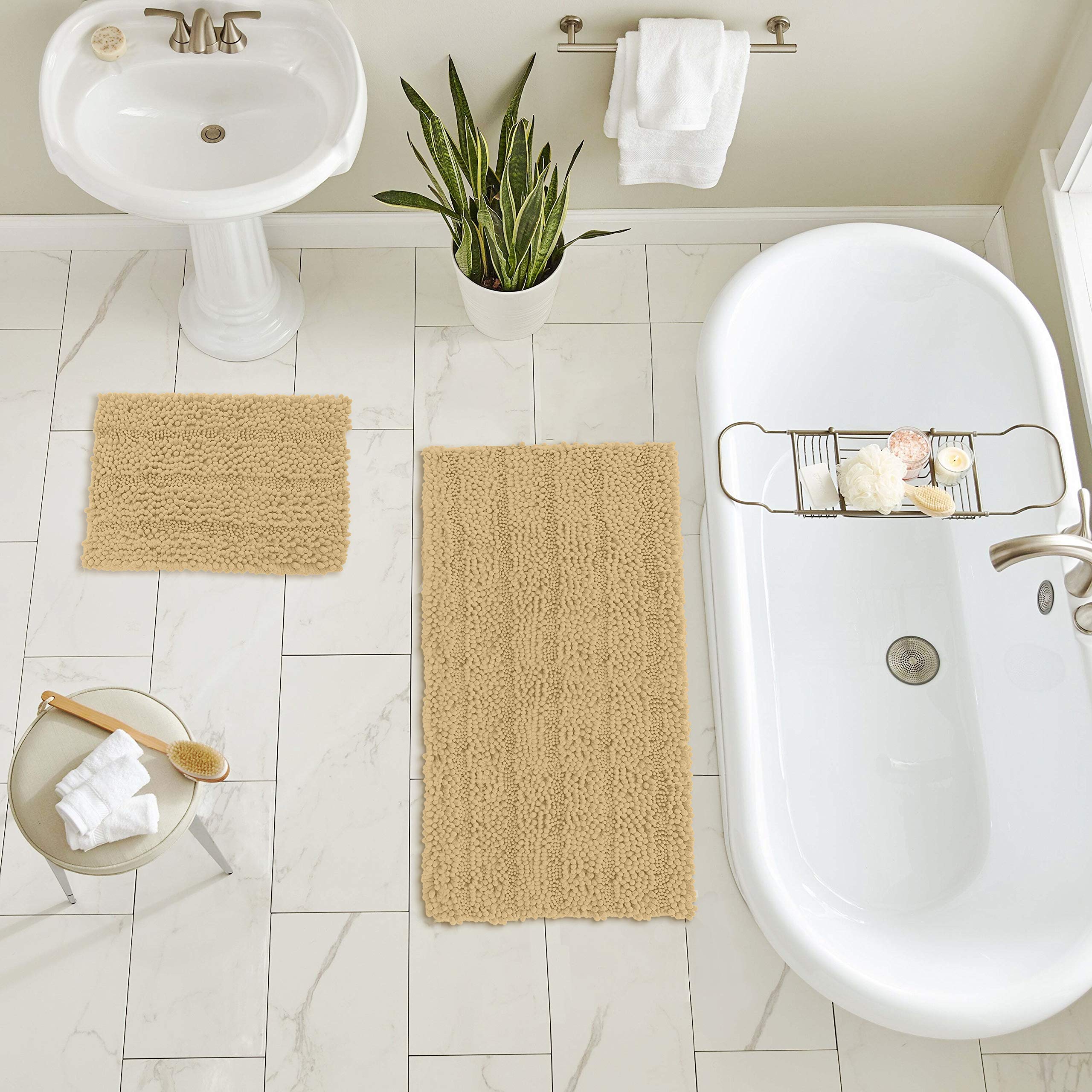 Premium Non-Slip Thick Shaggy Chenille Bathroom Rugs - Ultra Soft & Absorbent Striped Bath Mats Set for Bathroom, Indoor & Kitchen Use (15x24