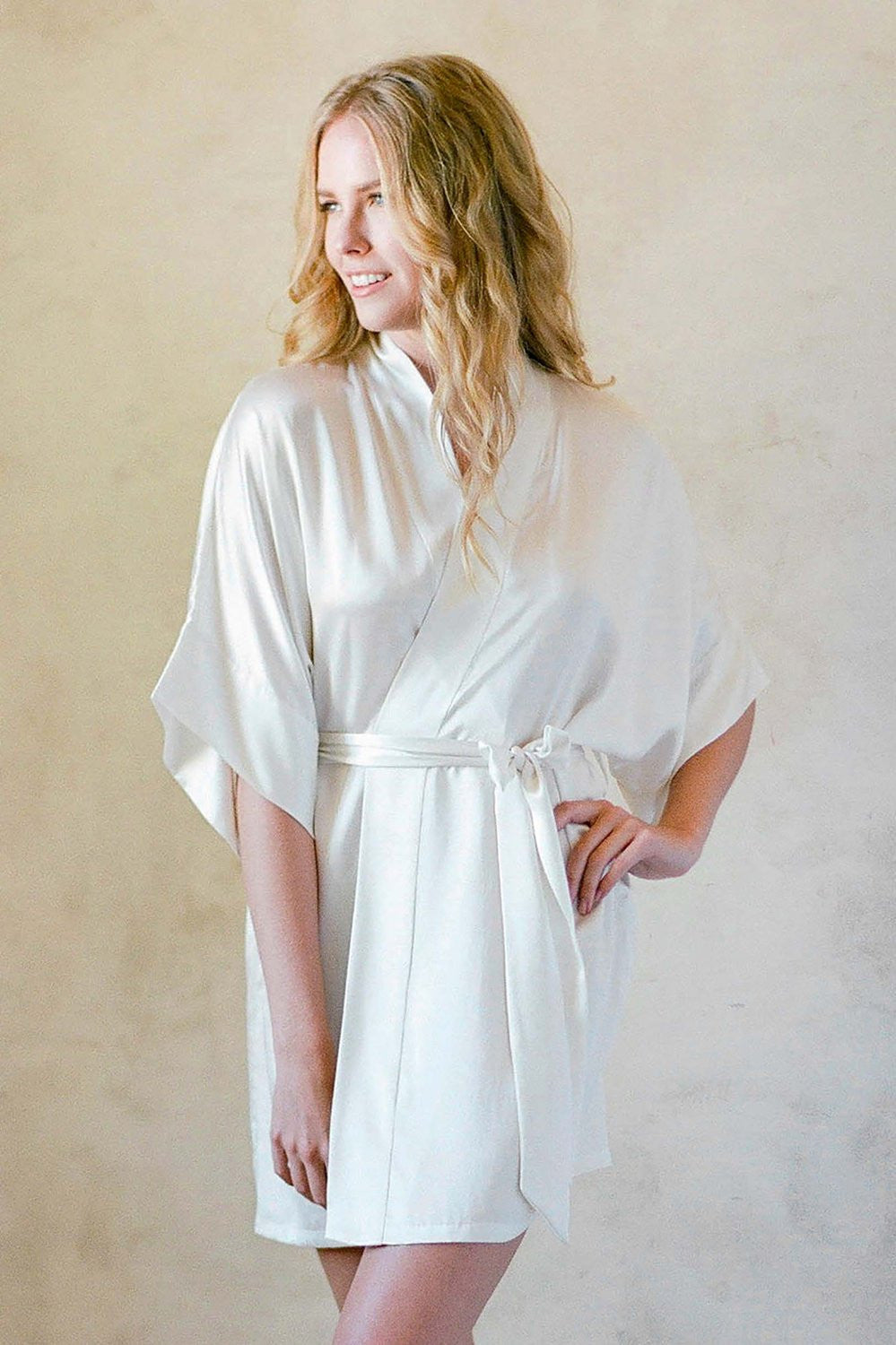 Samantha Silk Kimono Robe - Off White Women's Luxury Loungewear for Spa, Bridal & Home Relaxation