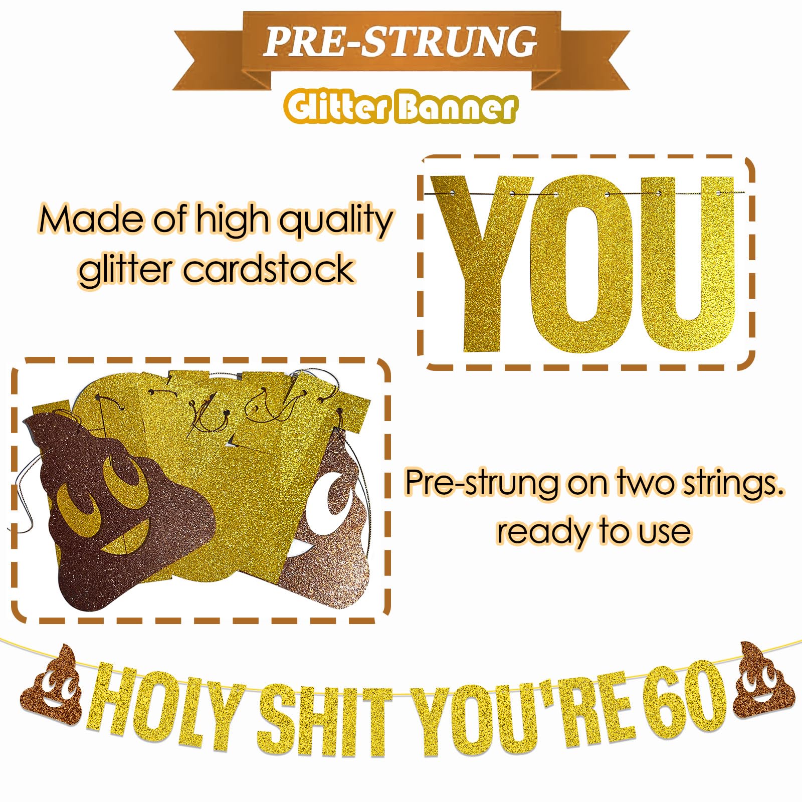 Funny 60th Birthday Party Decorations - Gold Glitter 'Holy Shit You're 60' Banner & Cheers to 60 Years Sign - Perfect for Milestone Birthday Celebrations, Retirement Parties & Surprise Decor