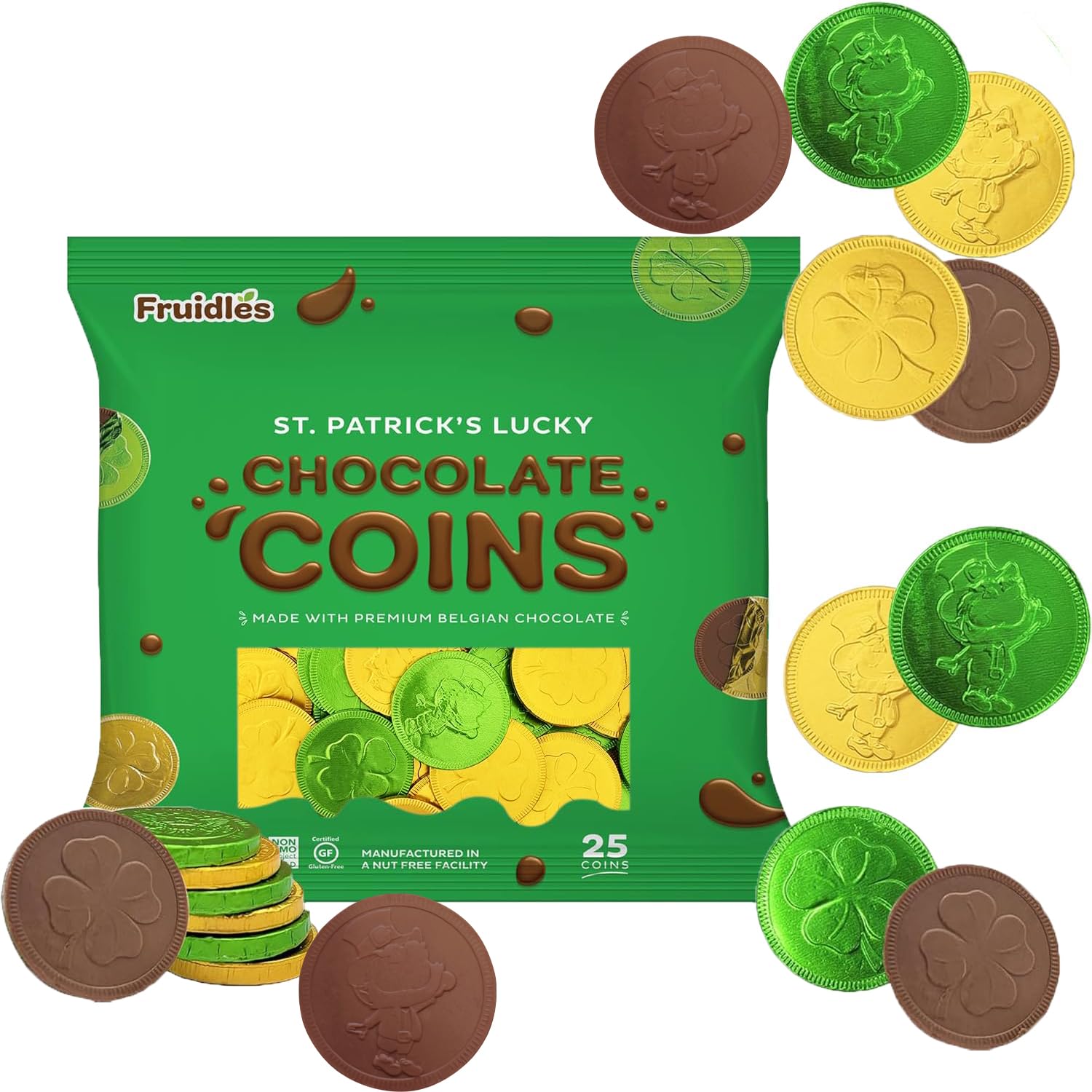 Premium Belgian Nut-Free Milk Chocolate Shamrock Leprechaun Coins - 25-Pack Green & Gold Saint Patrick's Day Treats in Resealable Kosher Bag | Party Favors, Gift Giving, Holiday Celebrations
