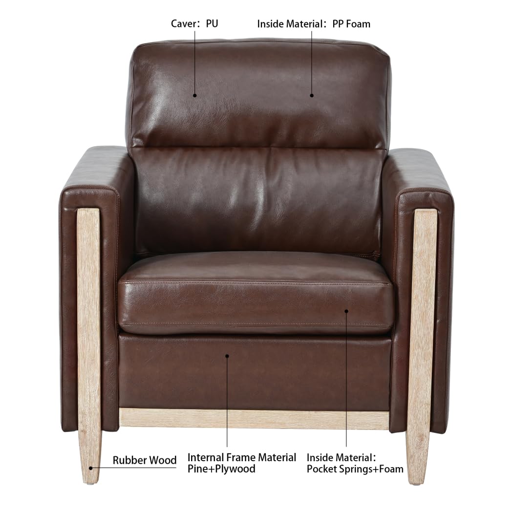 Modern Upholstered Armchair - Mid Century Style 1-Seater Sofa with PU Leather Accent, Comfortable Lounge Chair for Living Room, Bedroom, Apartment, Office & Small Spaces - Perfect for Reading, Relaxing & Home Decor (Brown PU Leather)