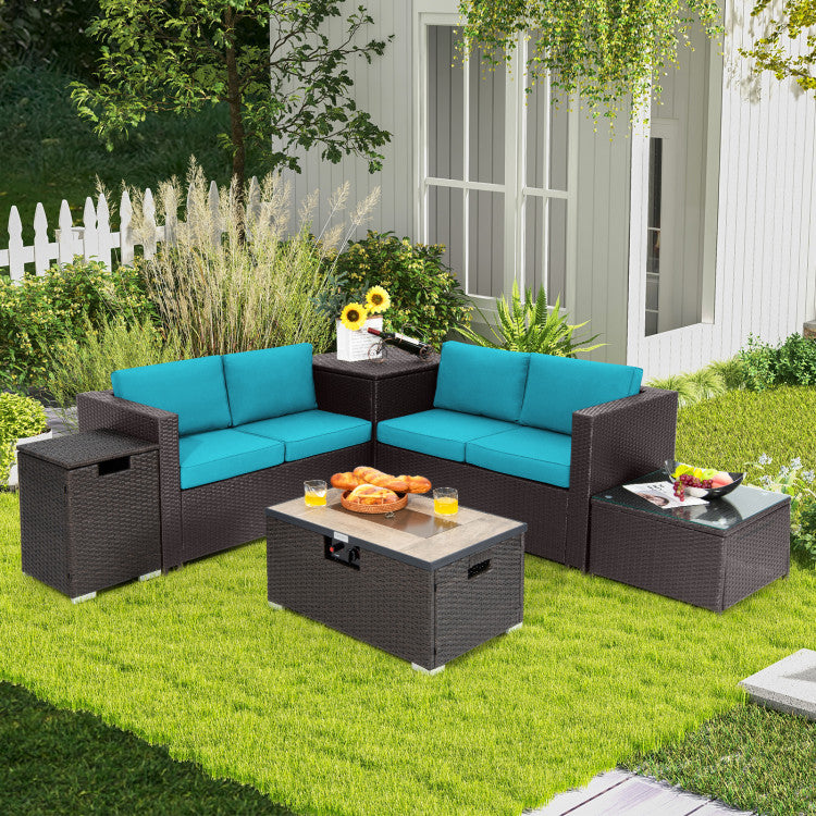 Costway 6-Piece Patio Furniture Set with Wicker Loveseats, Storage Box & Fire Pit Table - Outdoor Garden, Backyard, Poolside Relaxation