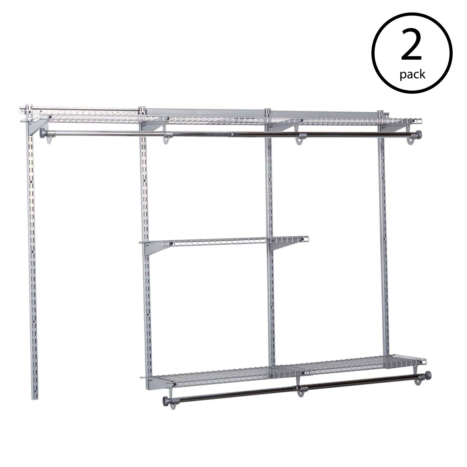 Rubbermaid Configurations 3-6 Feet Expandable Closet Organizer Kit - DIY Custom Hanging & Shelf Storage System, Titanium (2 Pack) - Perfect for Bedroom, Walk-in Closet & Home Organization