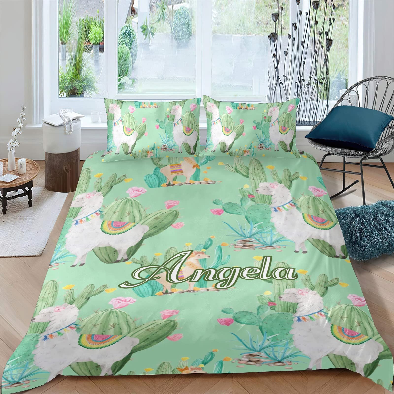 Personalized Cute Alpaca Cactus Duvet Cover Set with Name - Queen Size Bedding Set Includes 2 Pillowcases (Comforter Not Included) - Perfect for Kids' Rooms, Nursery Decor & Cozy Bedroom Makeover