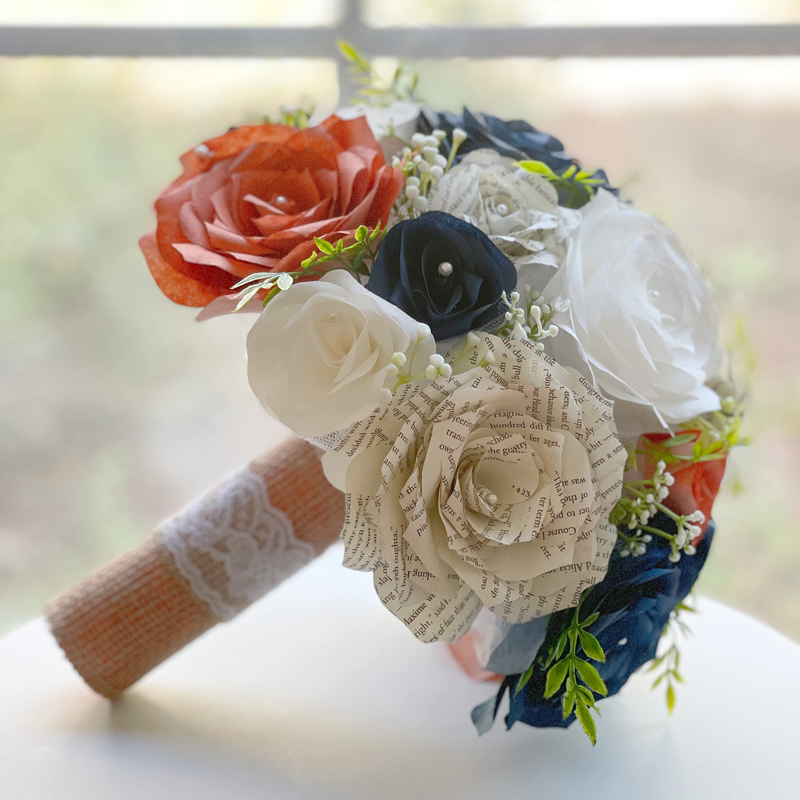 Burnt Orange Navy Blue White Paper Flower Bridal Bouquet - Handmade with Filter & Book Page Flowers for Wedding, Bridal Shower, Photo Props
