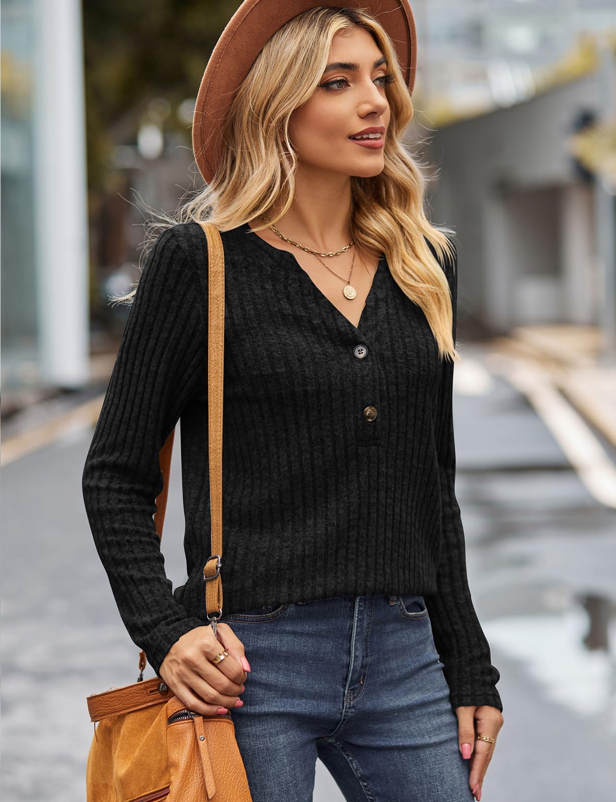 Women's V Neck Knit Tunic with Buttons - Casual Long Sleeve Top for Work & Outings