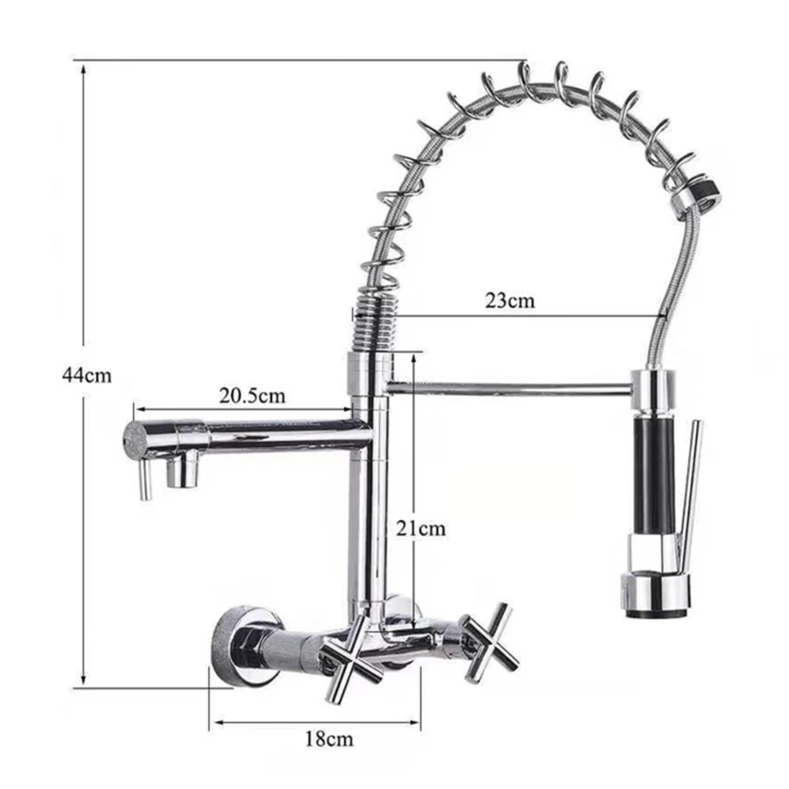 Stainless Steel Kitchen Faucet with Pull Down Sprayer - Dual Holes Wall Mount Spring Sink Faucet 360° Rotation Brass Double Cross Knobs for Hot & Cold Water Mixer Tap in Chrome - Perfect for Modern Kitchens & Restaurant Sinks