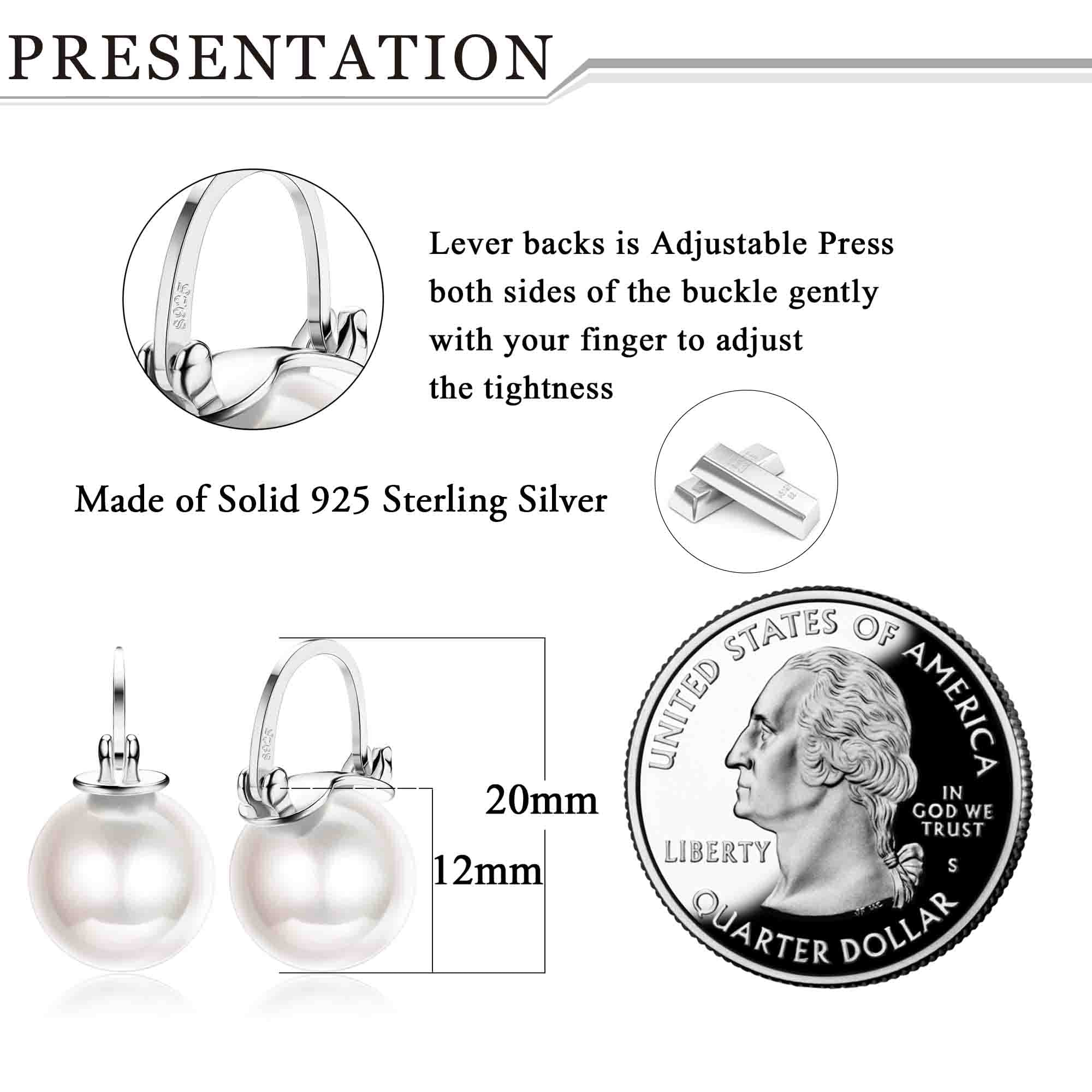 Sllaiss 925 Sterling Silver Pearl Hoop Earrings for Women - Dangle Pearl Drop Earrings with AAA Cubic Zirconia - Elegant Huggie Hoop Jewelry for Anniversary, Christmas & Special Occasions (12mm Large Size) - Perfect for Weddings, Parties & Everyday Wear
