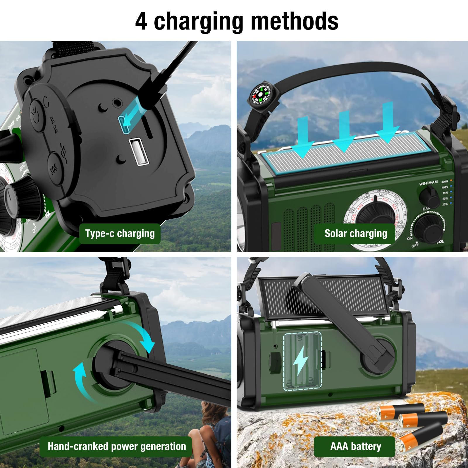 Emergency Radio with 37000mWh Power Bank - Solar & Hand Crank NOAA/AM/FM Weather Radio, 4 Charging Methods, Flashlight & Reading Lamp, SOS Alarm, Camping Compass - Perfect for Outdoor Adventures, Camping, Hiking & Emergency Preparedness
