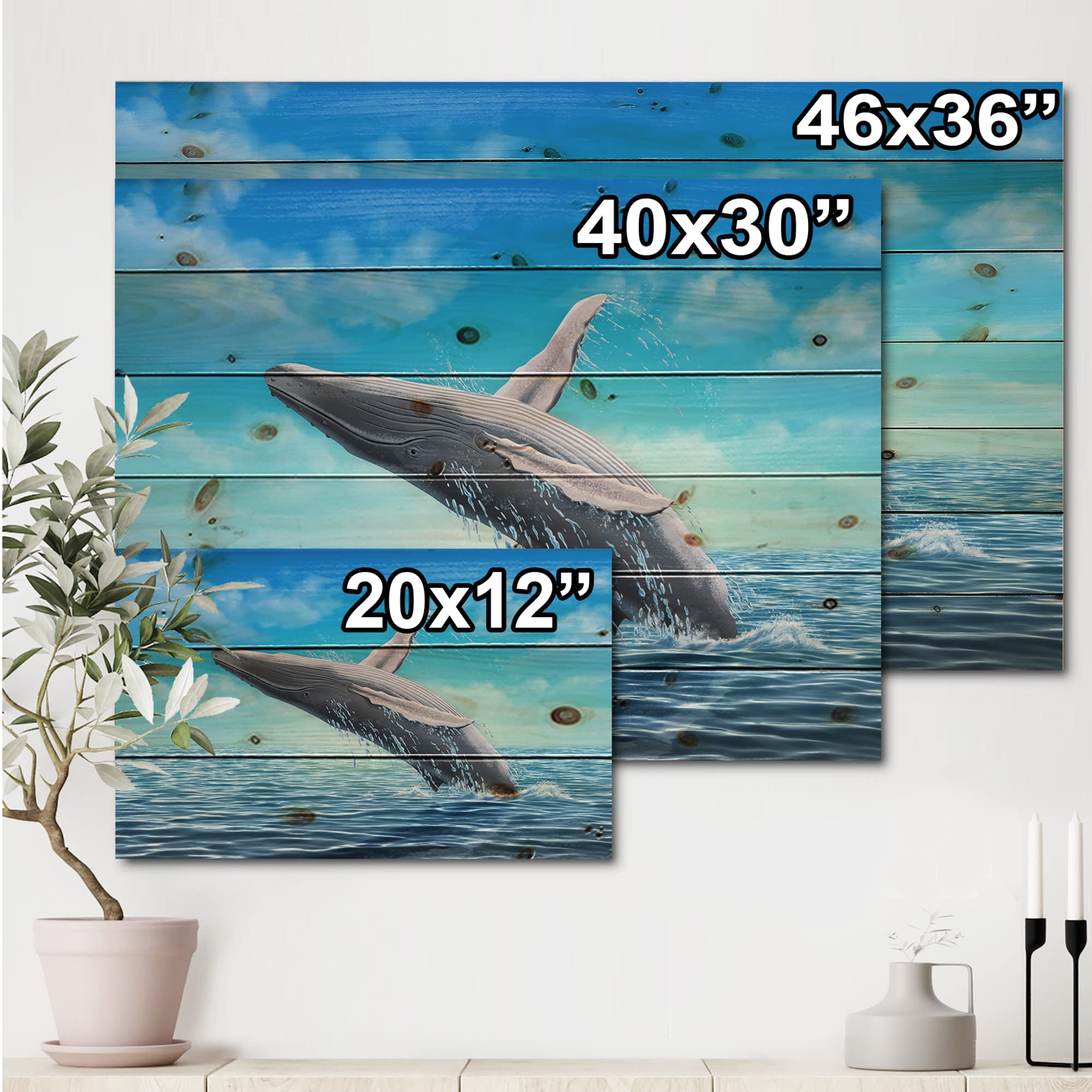 DesignQ Humpback Whale Jumping Wood Wall Art - Handcrafted Farmhouse Decor, Blue Ocean Themed Wooden Panel, Large Animal Print on Natural Pine Wood - Perfect for Living Room, Bedroom & Coastal Home Decor