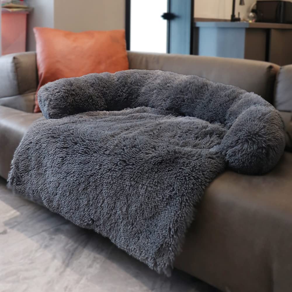 Memory Foam Pet Couch Protector with Neck Bolster - Universal Dog & Cat Furniture Cover, Sofa Bed Protector, Plush Pet Bed - Machine Washable Dark Grey Large - Perfect for Living Room, Bedroom & Pet-Friendly Homes