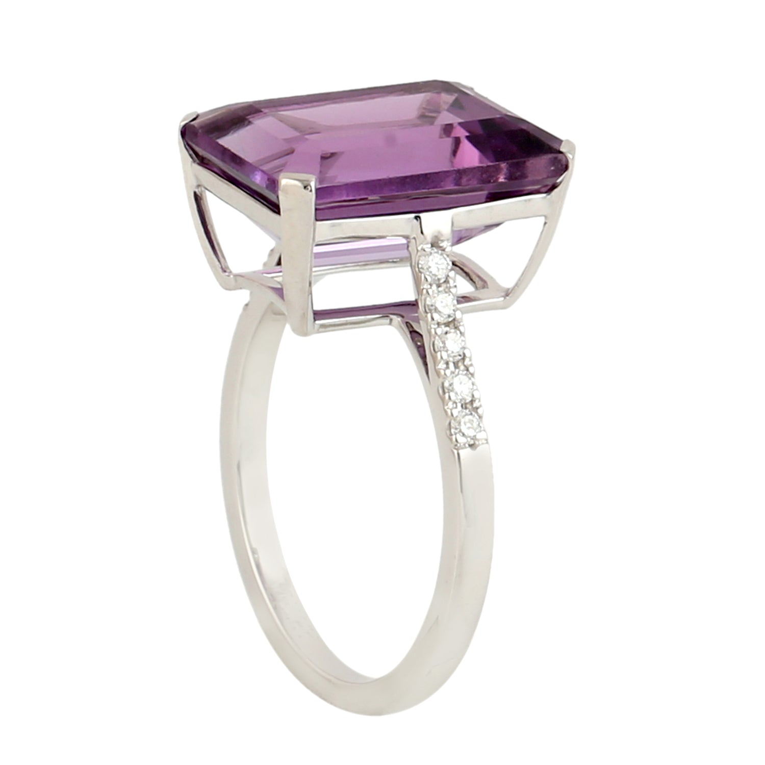 18K White Gold Baguette Cut Amethyst Pave Diamond Handmade Solitaire Ring for Women - Elegant Engagement, Wedding, Anniversary Gift Idea