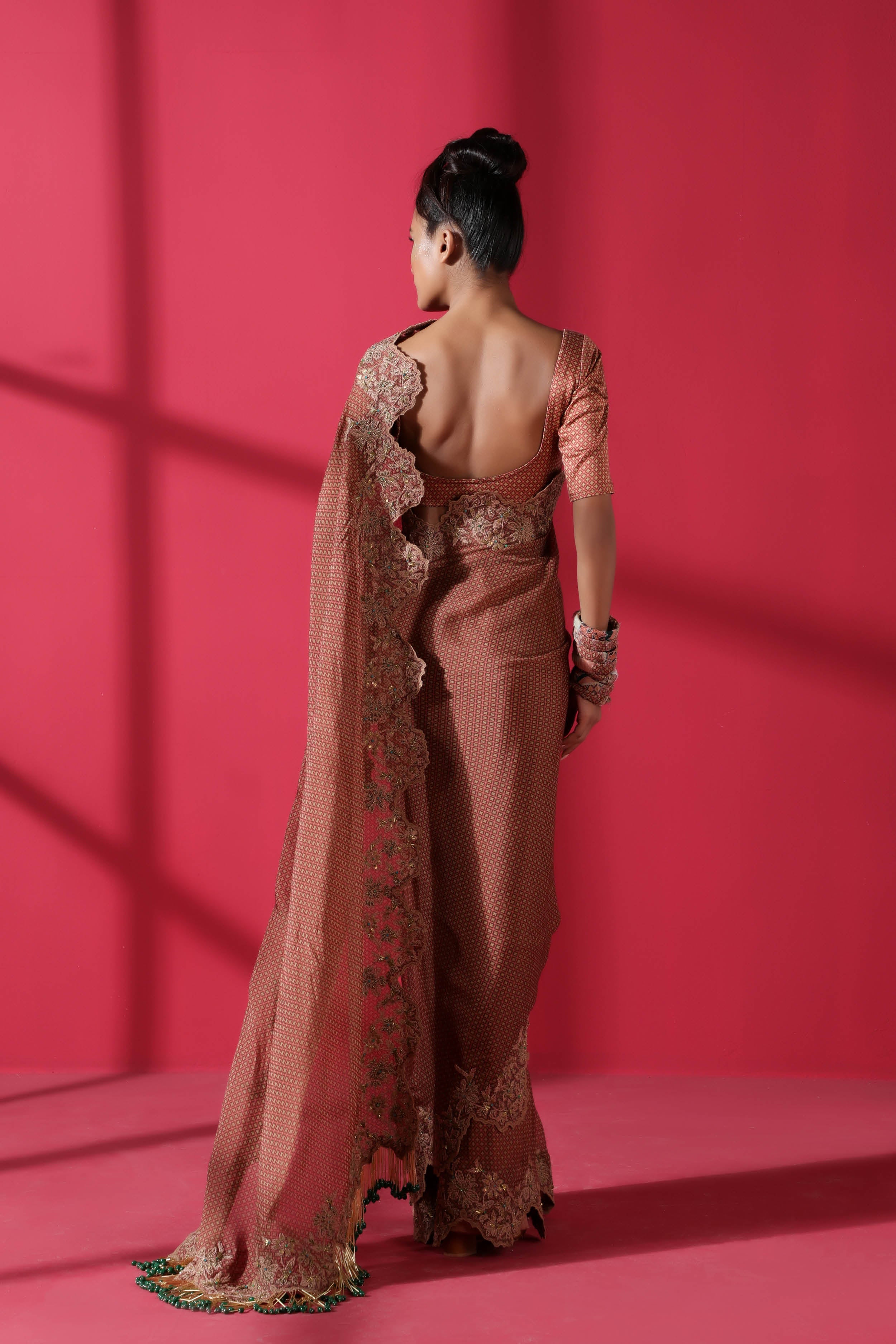 Elegant Terracotta Tile Print Two Piece Prepleated Saree with Organic Cotton Satin Blouse for Women - Perfect for Weddings, Parties & Festive Occasions