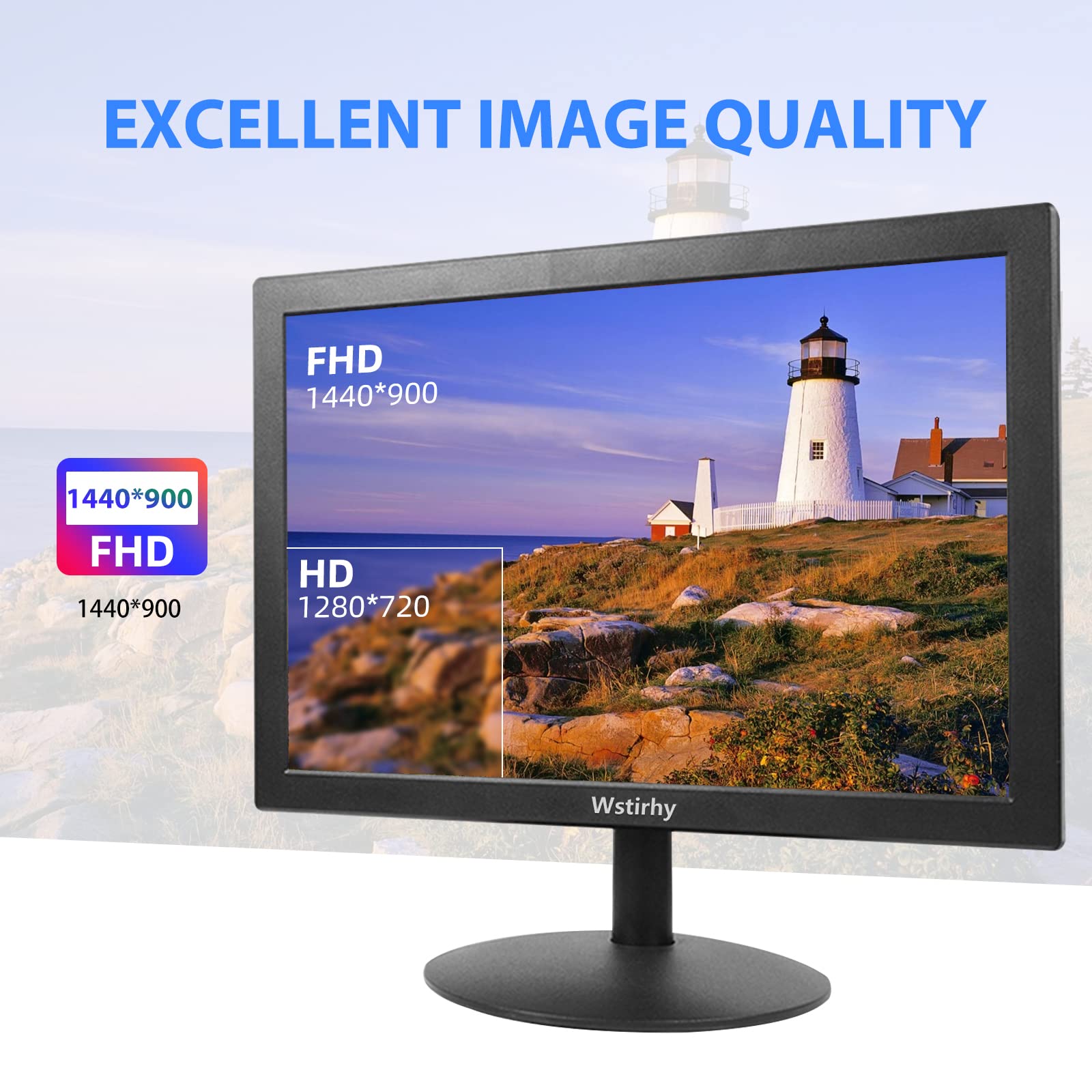 15.4 Inch Small Computer Monitor with 1600x900 Resolution - HDMI & VGA Ports, Built-in Speakers - Mini Display for Fire Stick, Laptop, PC, Kitchen TV - Perfect for Home Office, Gaming & Cooking Entertainment
