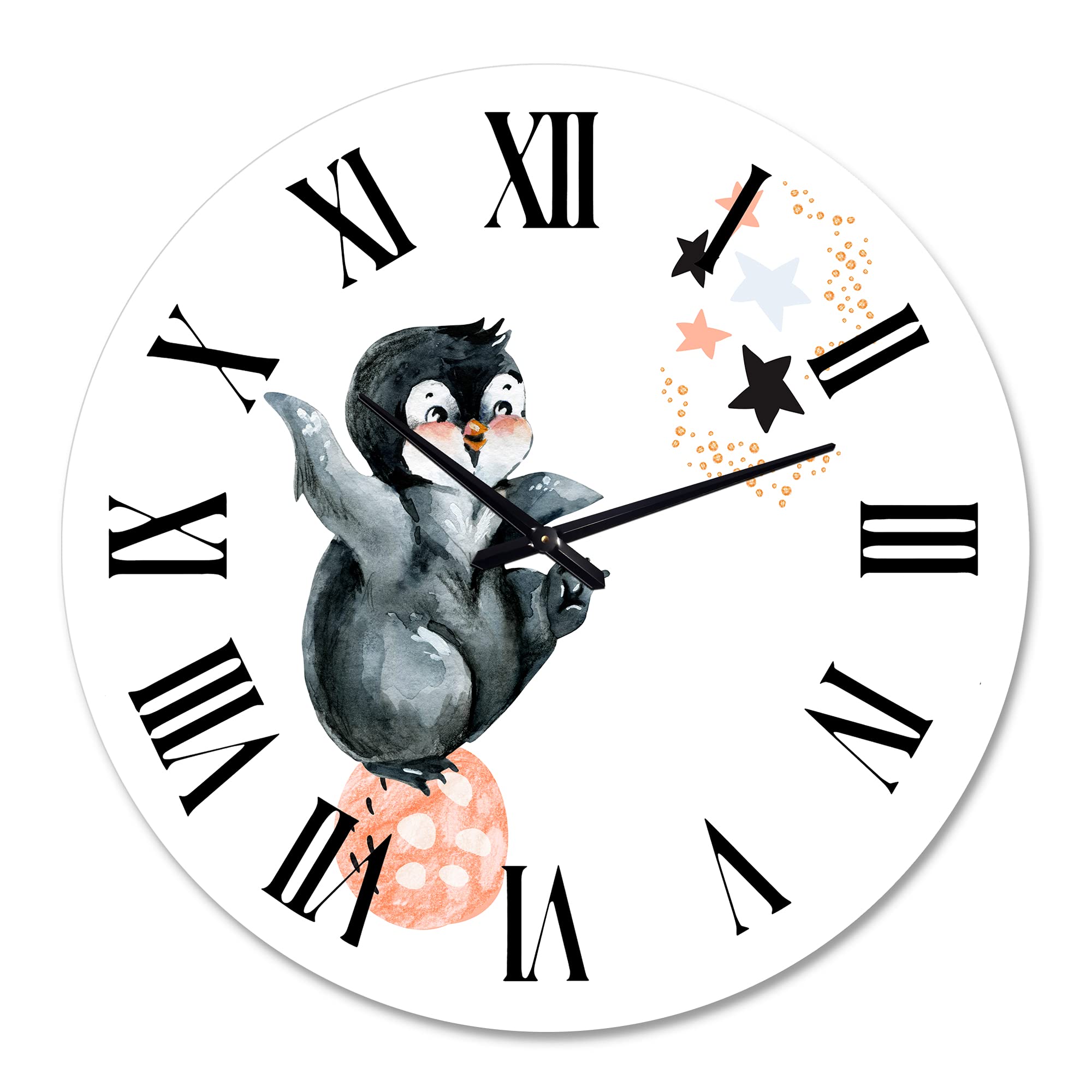 Farmhouse Wall Clock - Little Penguin with Stars & Planets Design, Large Animal Wall Decor for Living Room, Kitchen, Bedroom - Perfect for Home & Office Décor