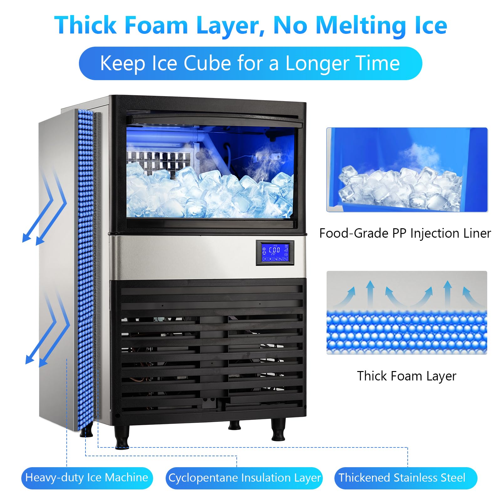 Pioneerworks Commercial Ice Maker Machine 110lbs/24H, Under Counter Self-Cleaning Ice Machine with 27lbs Storage Bin, LCD Display & Blue Light - Stainless Steel Ice Maker for Restaurants, Bars, Coffee Shops & Home Use - Perfect for Beverage Service, Parties & Commercial Kitchens