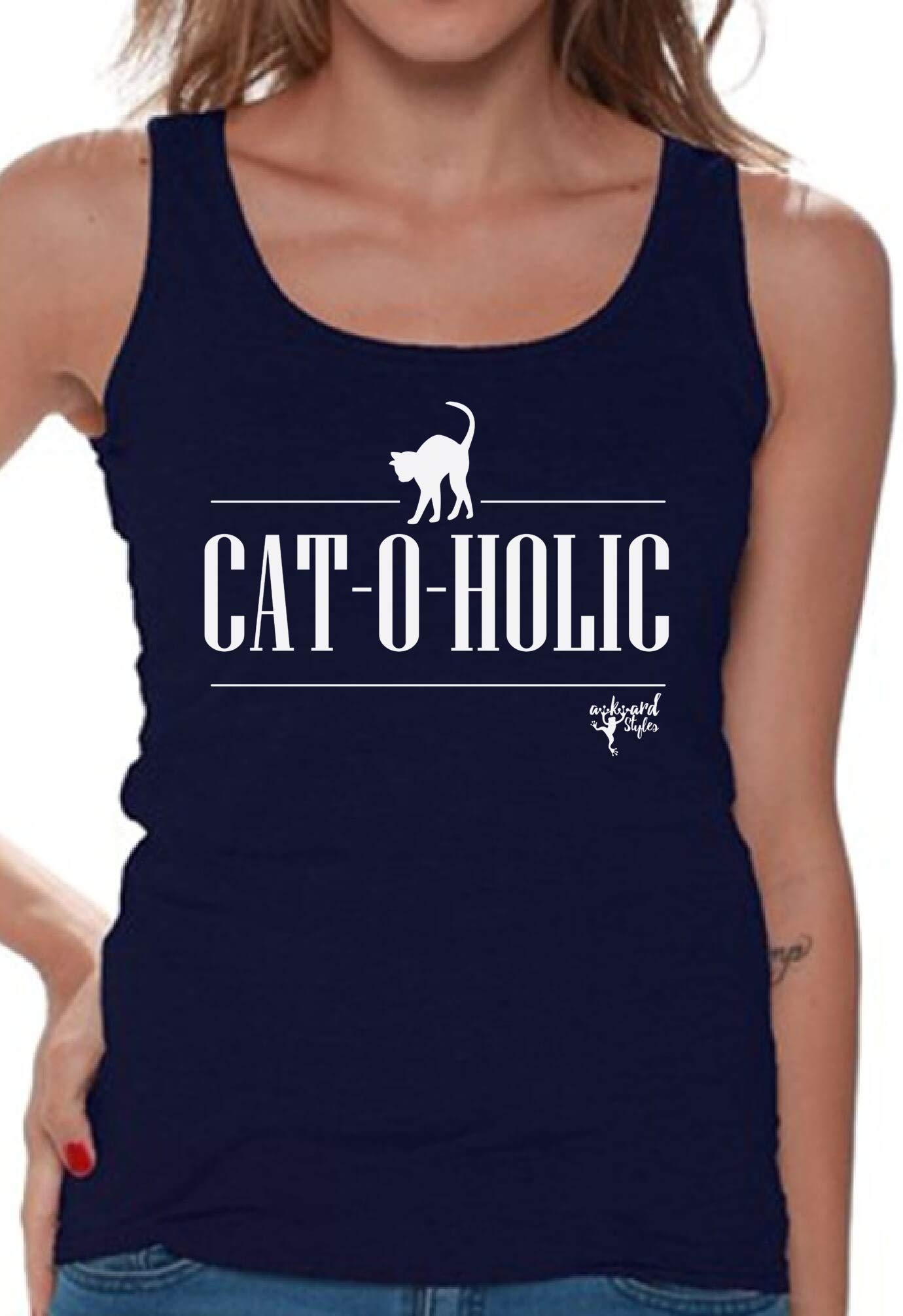 Awkwardstyles Women's Cat Lover Graphic Tank Top - Cute Cat-o-Holic T-Shirt with Free Bookmark Gift - Perfect for Cat Enthusiasts, Casual Wear & Gifts