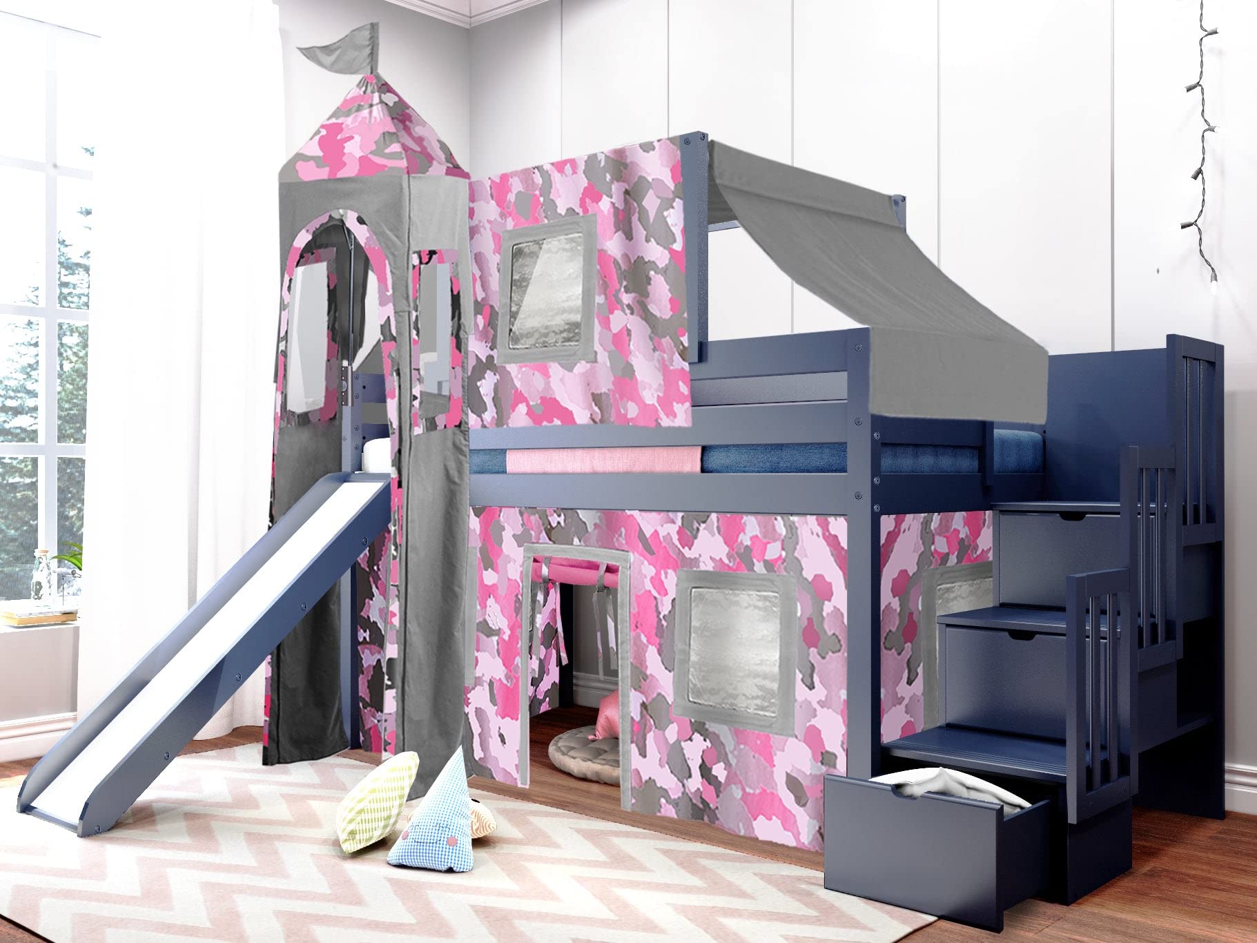 Princess Low Loft Stairway Bed with Slide - Pink Camo Tent & Tower Twin Size Loft Bed in Blue | Perfect for Kids' Bedroom, Playroom & Sleepovers