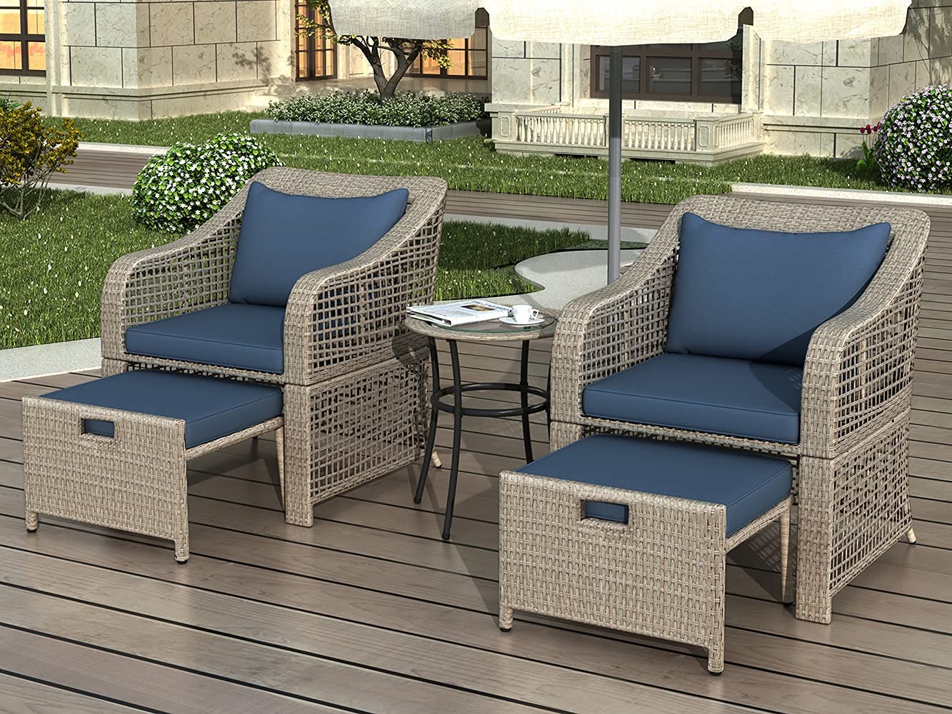 Premium Rattan Patio Chair Set - Outdoor PE Wicker Furniture with Ottomans & Tempered Glass Table - Durable Bistro Set for Front Porch, Balcony, Backyard, Poolside & Garden Relaxation