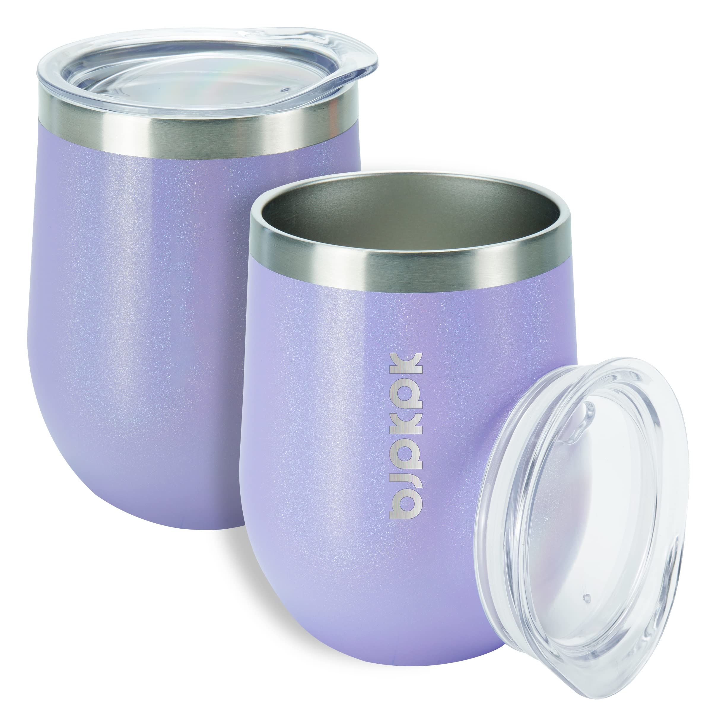 2 Pack 12oz Insulated Wine Tumblers - Double Wall Vacuum Stainless Steel Coffee Mugs with Lid, Unbreakable Wine Glasses for Hot & Cold Drinks - Perfect for Home, Office, Camping & Travel - Light Purple