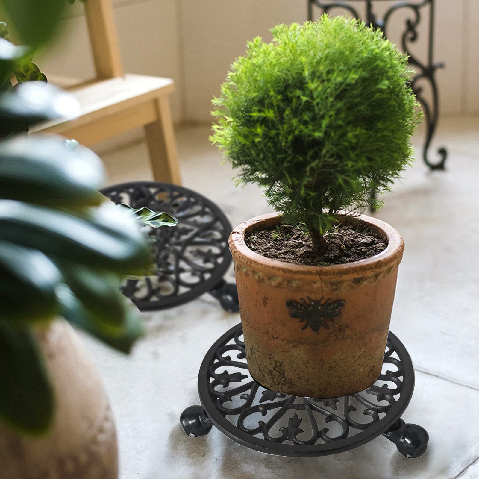 Fasmov Heavy Duty Rolling Plant Caddy with Cast Iron Stand & Wheels - Indoor Outdoor Planter Trolley for Moving Large Pots - Perfect for Patio, Garden, Balcony & Home Decor
