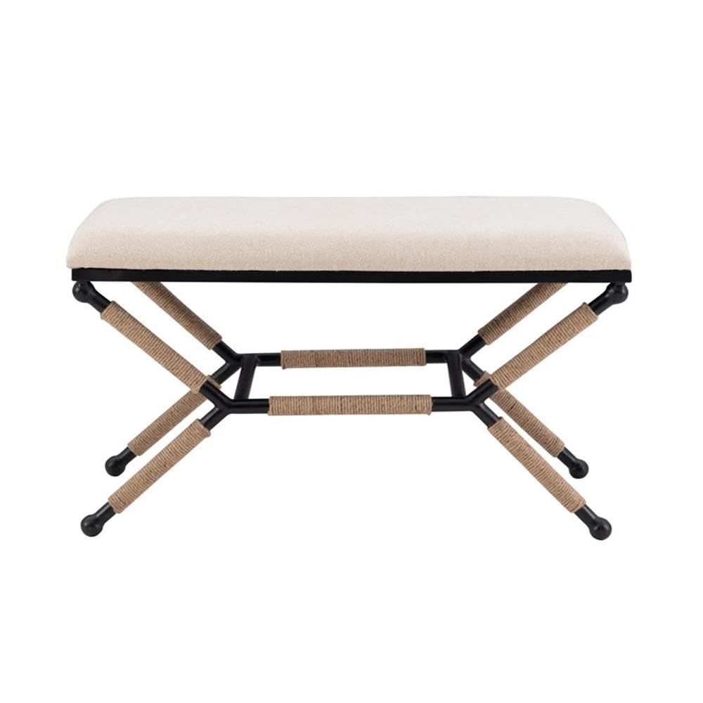Linon Anna Campaign Accent Bench - Black Metal Legs with Cream Rope Detail - Perfect for Entryway, Bedroom or Living Room Decor