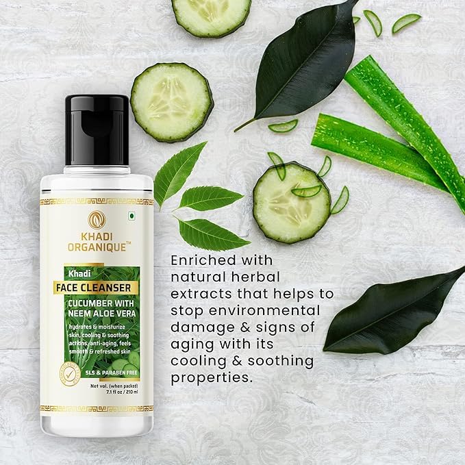 Khadi Organique Cucumber & Neem Aloe Vera Face Cleanser (210ml) with Jasmine Hydrating Moisturizer (210ml) - Complete Organic Skincare Set for Glowing Skin | Daily Cleansing & Hydration Routine for Healthy Complexion