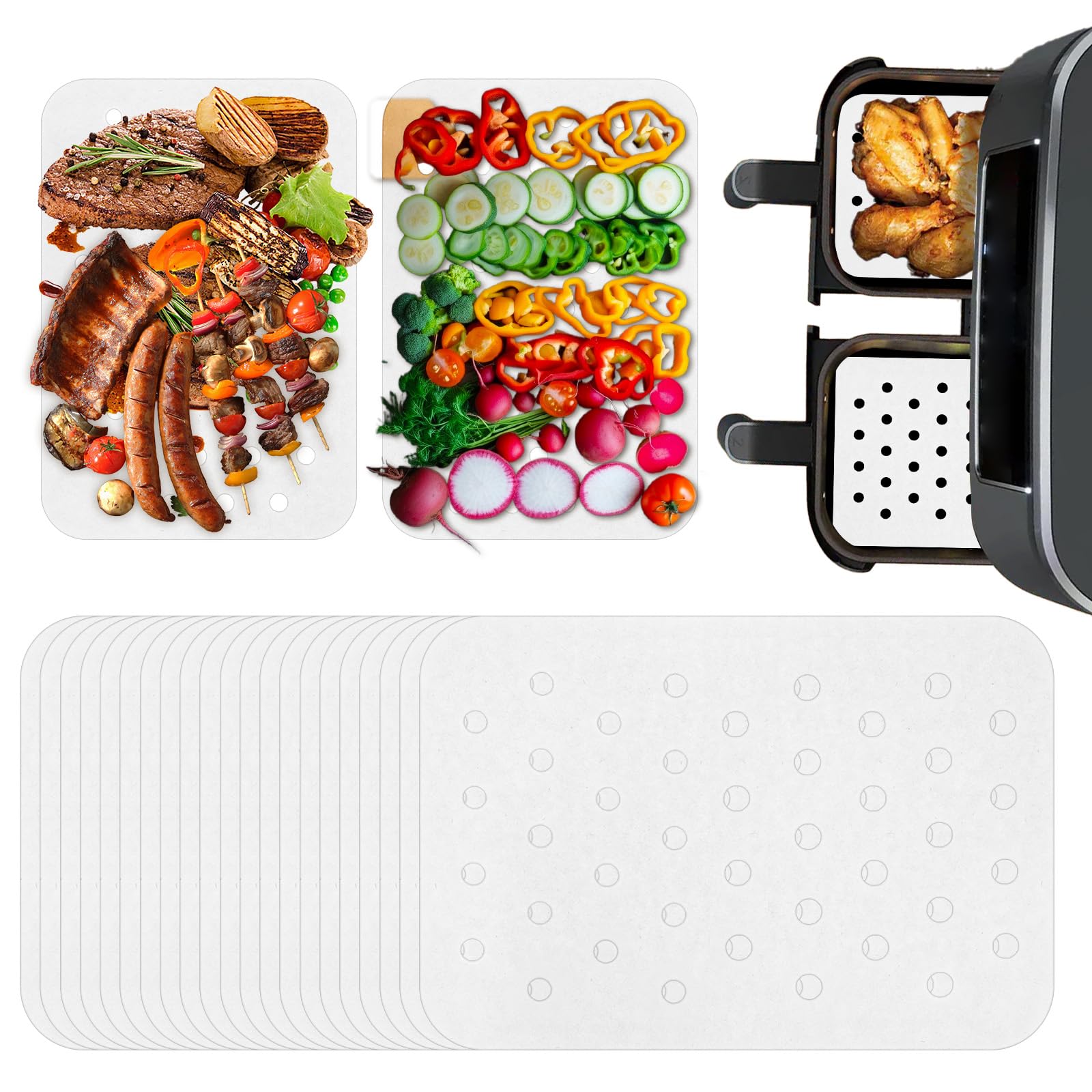 100Pcs Perforated Air Fryer Parchment Paper Sheets - 8.1x5.6 Inch Disposable Non-Stick Baking Liners for Air Fryers, Ovens, Grill Pans & Bamboo Steamer Baskets - Perfect for Healthy Cooking, Meal Prep & Quick Cleanup (White)