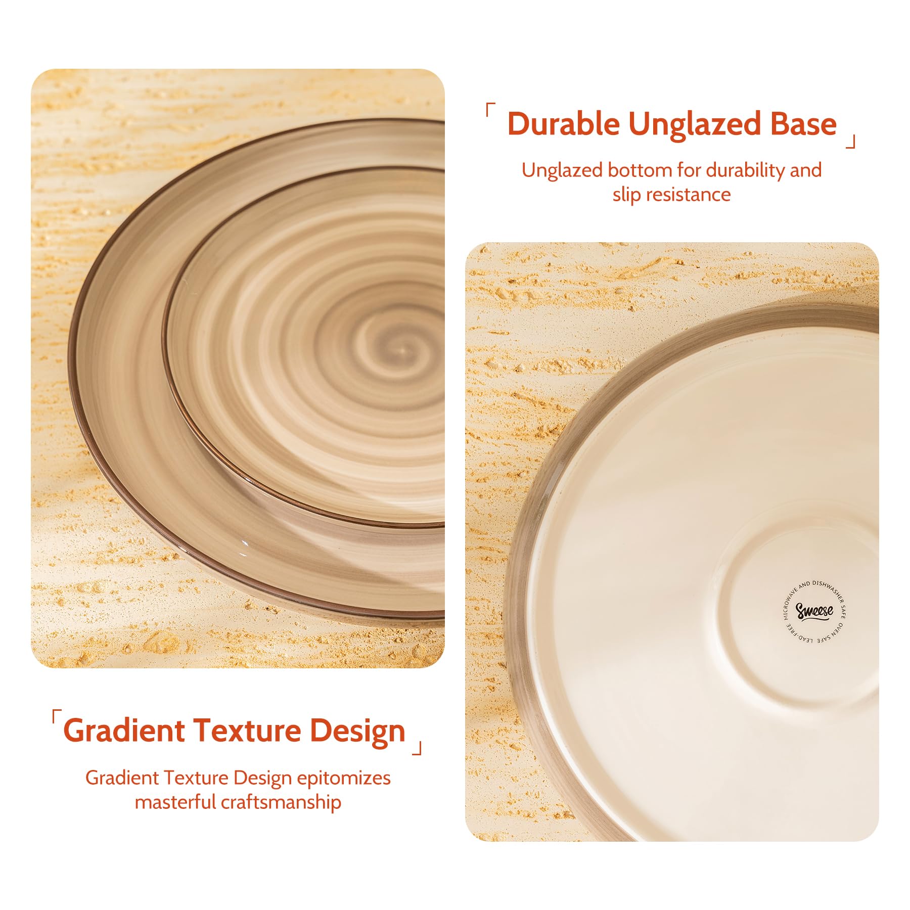 Sweese 10 Inch Round Porcelain Dinner Plates Set of 6 - Microwave, Oven & Dishwasher Safe - Elegant Neutral Design for Lunch, Party, Wedding & Restaurant Use