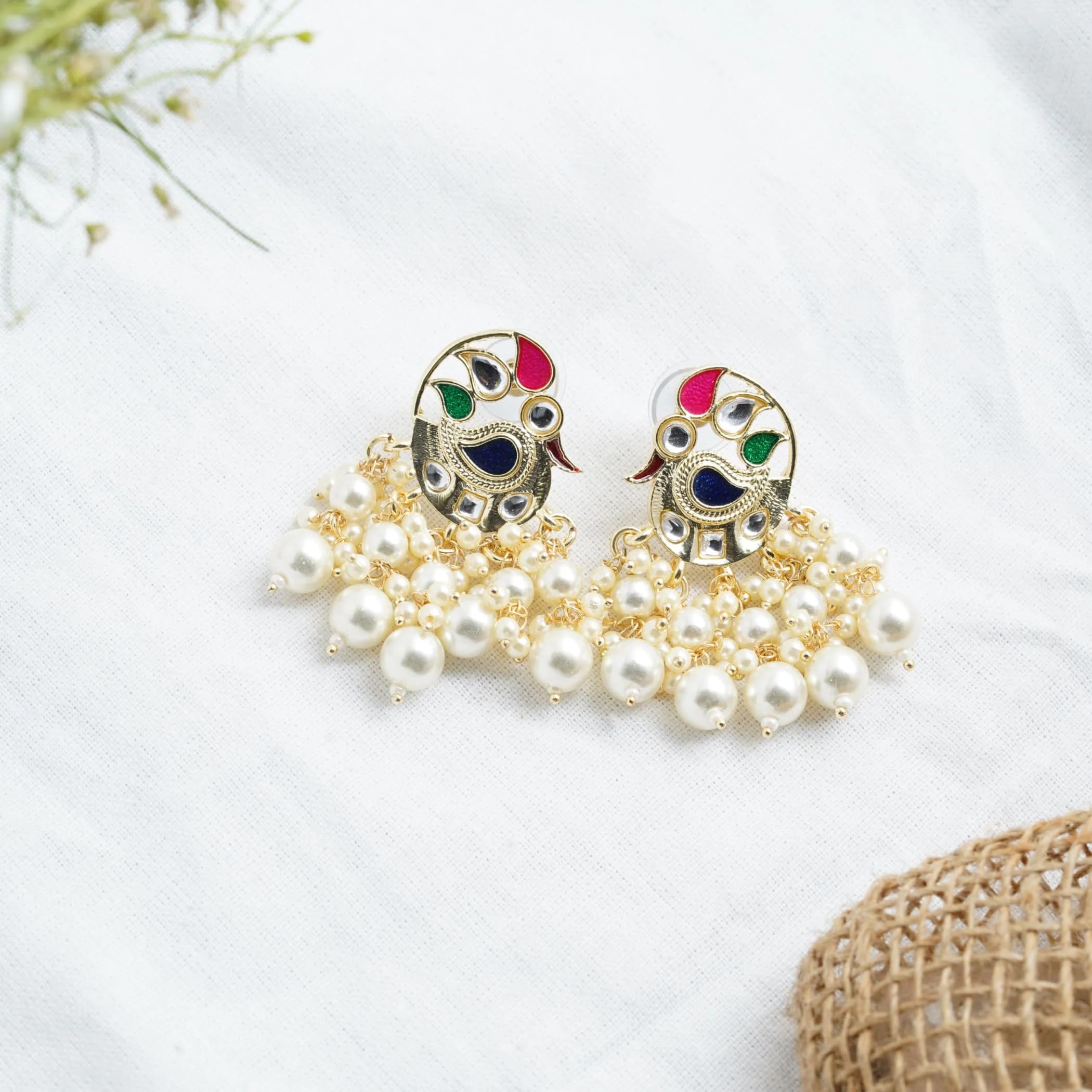 Indian Peacock Jhumka Earrings for Women - Golden Tone Faux Pearl Chandbali Dangle Earrings | Bollywood Style Bridal Jewelry | Perfect Gift for Her, Wedding Party & Special Occasions