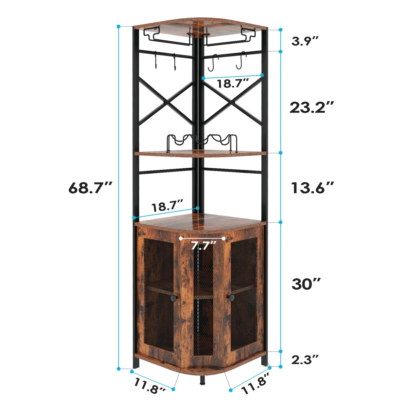 Rustic Brown Corner Bar Cabinet with Wine Rack, Glass Holder & Adjustable Shelves - Mesh Door Liquor Storage Cabinet for Home Bar, Dining Room or Entertainment Area