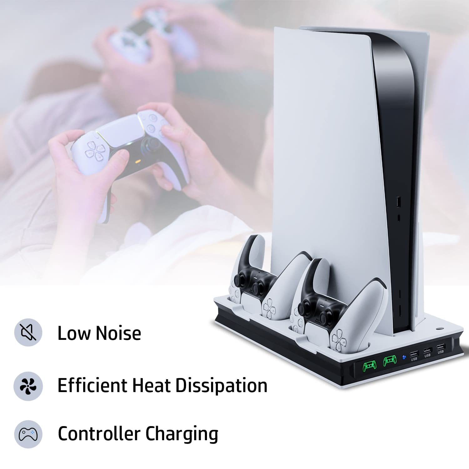 Wigearss PS5 Cooling Fan Stand with Dual Controller Charger - Vertical Charging Station for PS5 Console & Digital Edition (Not PS5 Slim) - Perfect for Gaming Sessions & Console Protection