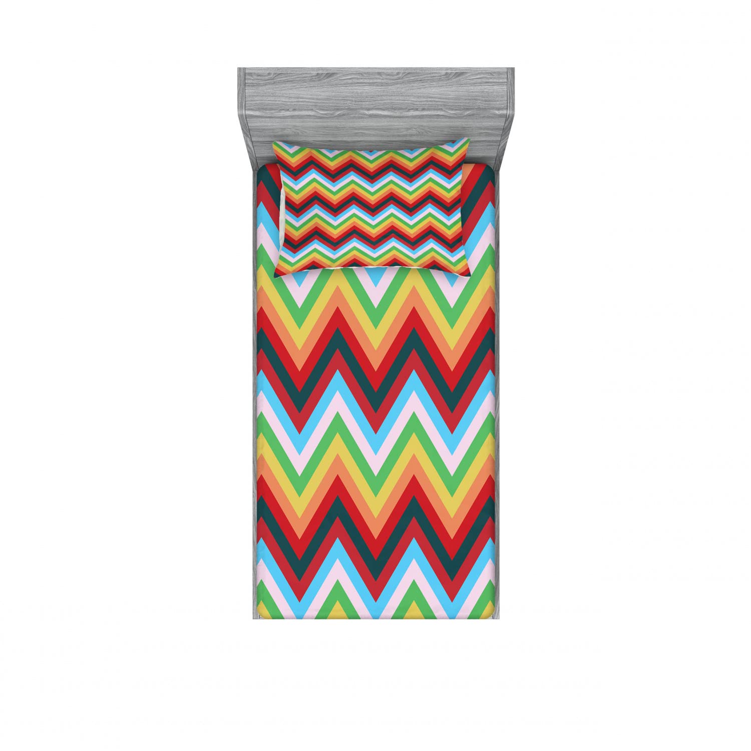Ambesonne 2-Pack Twin Fitted Sheets & Pillow Sham Set - Vibrant Zigzag Pattern, 4-Piece Bedding Set (2 Fitted Sheets + 2 Pillow Covers) - Colorful Home Decor for Kids Room, Guest Bedroom & Dorm Essentials