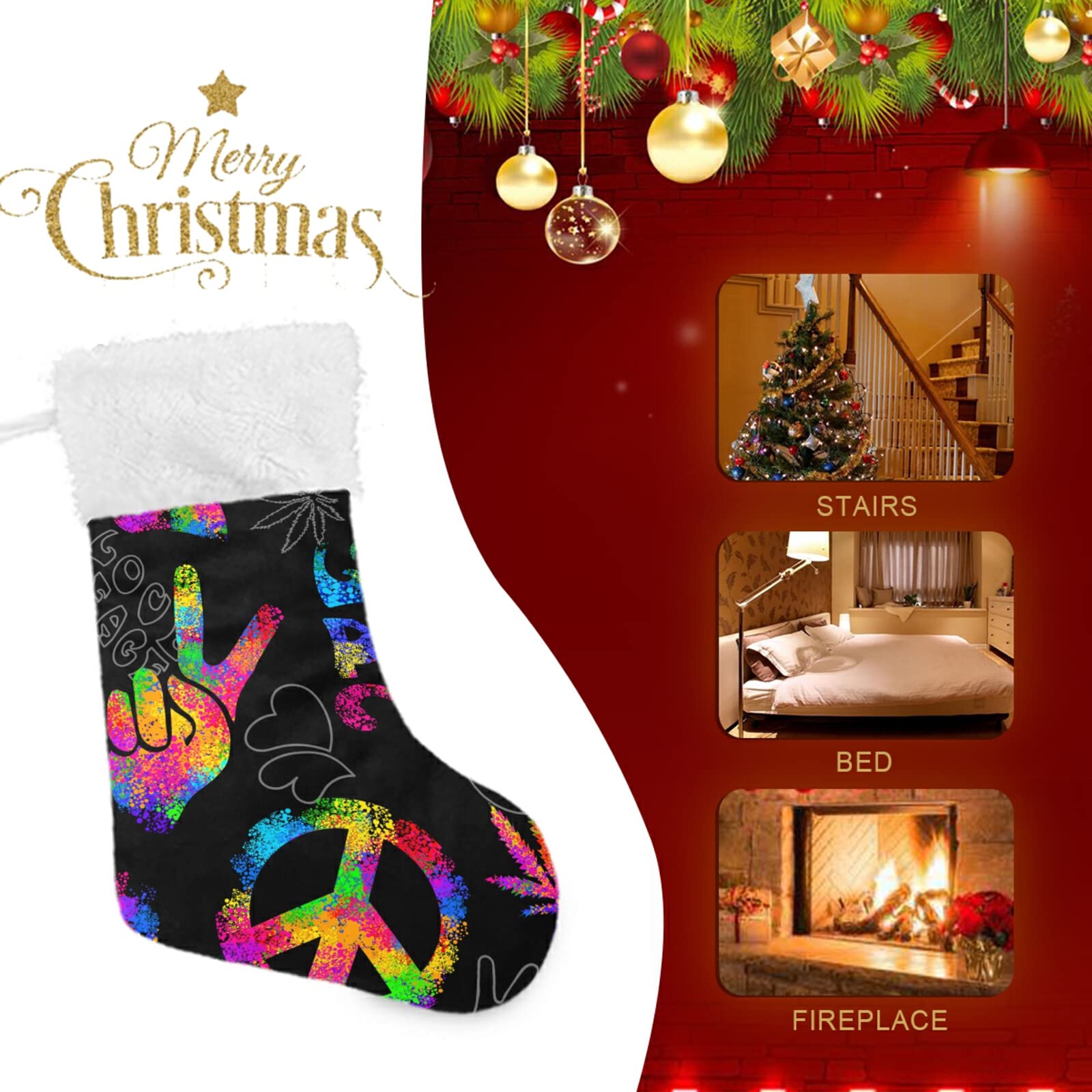 1 Pack Christmas Stocking with Rainbow Peace Love Sign - 17.7 Inch Fireplace Hanging Ornament for Holiday Decor | Perfect for Xmas Tree, Mantel & Gift Exchange