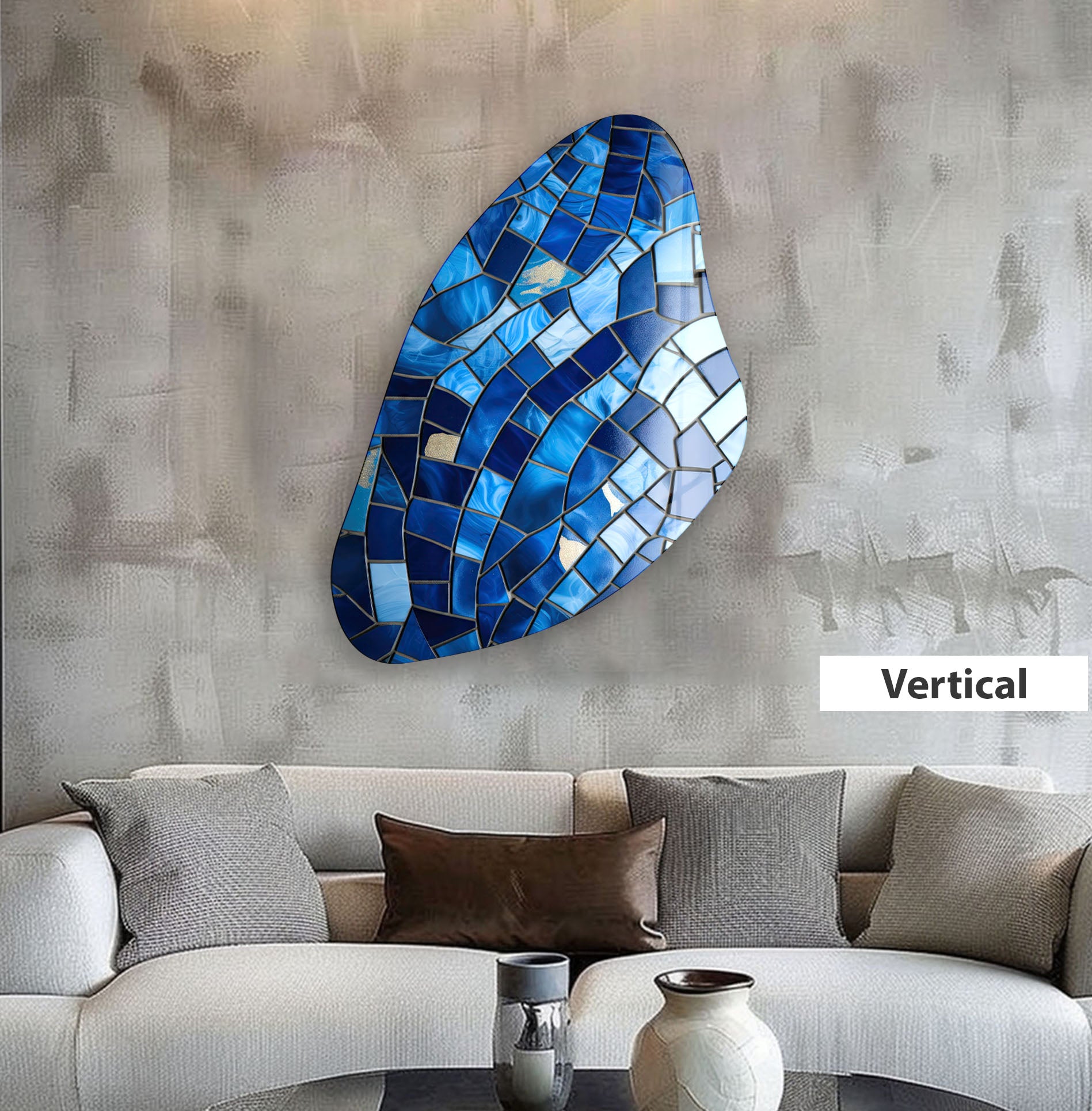 Blue Mosaic Style Aesthetic Glass Wall Art - Handmade Decorative Panel for Living Room, Bedroom & Office Décor - Perfect for Home and Commercial Spaces