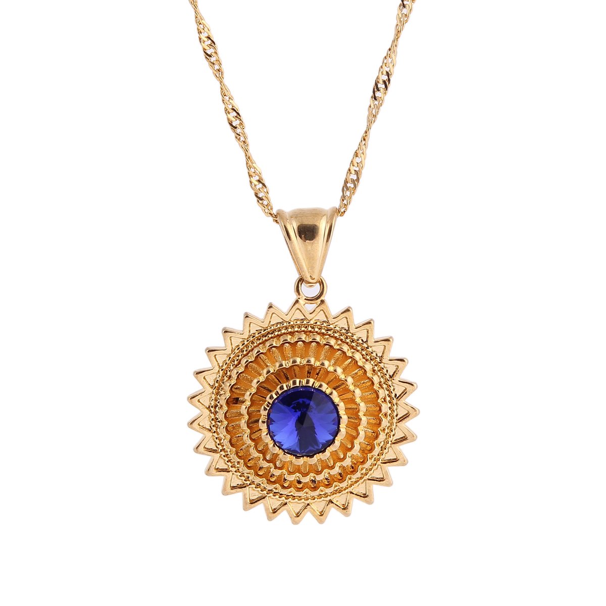 22k Gold Plated Ethiopian Jewelry Set - Cooper Plated Pendant, Chain, Earrings, Ring & Bangle - African Wedding Stone Jewelry for Brides, Cultural Events & Special Occasions