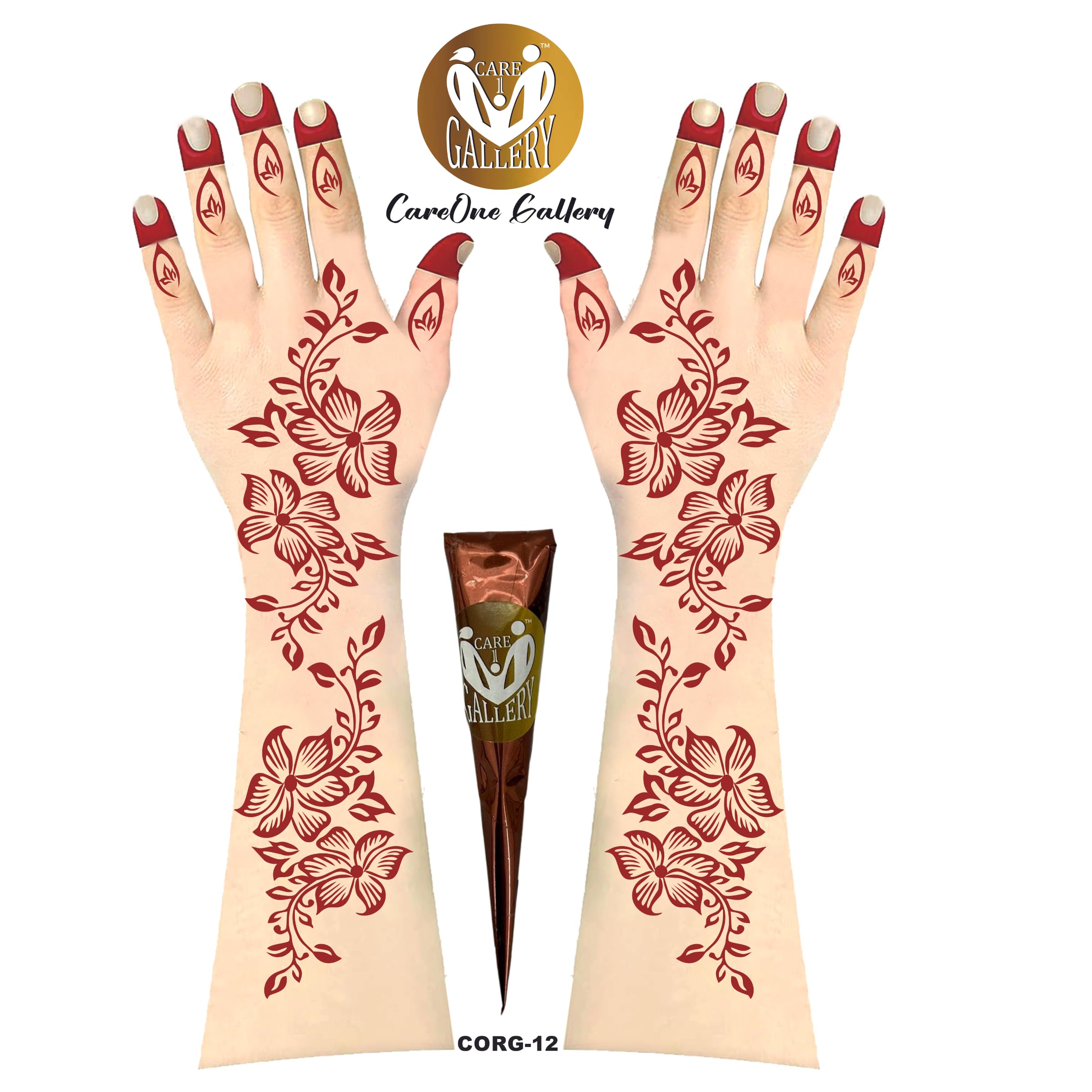 CareOne Gallery Arabic Design Mehandi Art Stickers - Set of 1 Piece for Both Hands with Instant Henna Cone | Temporary Henna Tattoo Stencils for Women, Girls & Kids | Perfect for Weddings, Festivals & DIY Body Art