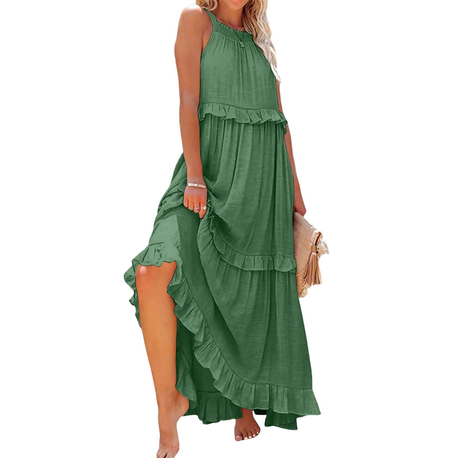 Women's Halter Smocked Tiered Maxi Dress - Flowy Swing Summer Cocktail & Wedding Guest Dress with Pockets | Perfect for Beach Vacations, Garden Parties & Formal Events