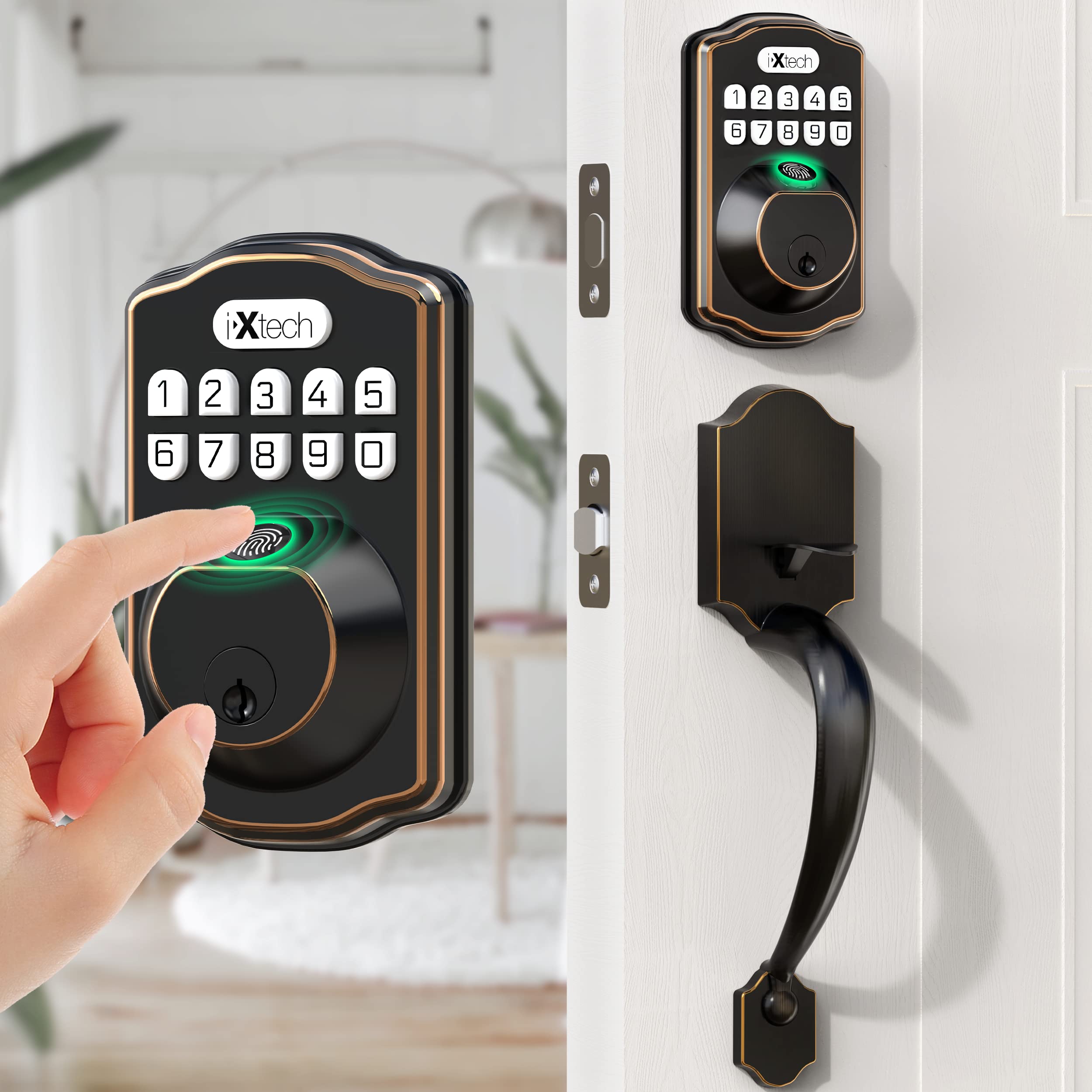 IXTECH Smart Fingerprint Door Lock Set - Keyless Entry Deadbolt with Handle, Auto Lock, Keypad & 2 Keys - Oil Bronze Finish for Home Front Door Security (Perfect for Apartments, Offices & Vacation Homes)
