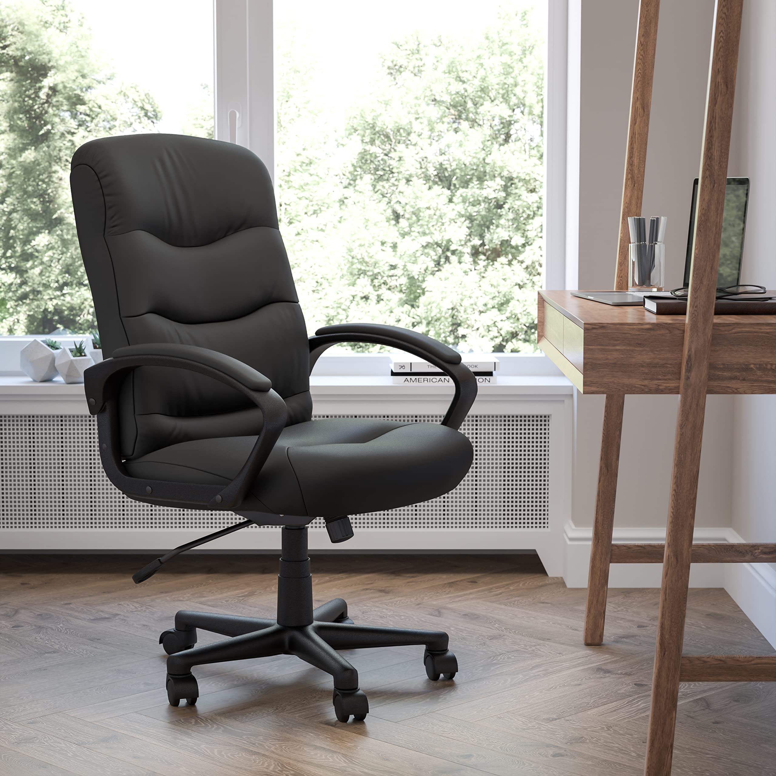 Black LeatherSoft Mid-Back Swivel Office Chair with Three-Line Horizontal Stitching - Ergonomic Support for Home & Office Workspaces