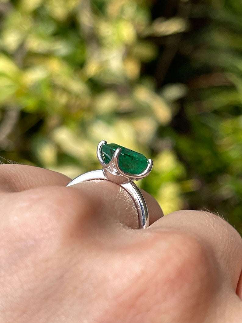 3.65tcw Asscher Cut Emerald & Diamond Accent Prong Set Ring in 14K White Gold | Elegant Wedding, Engagement & Anniversary Jewelry Gift for Women