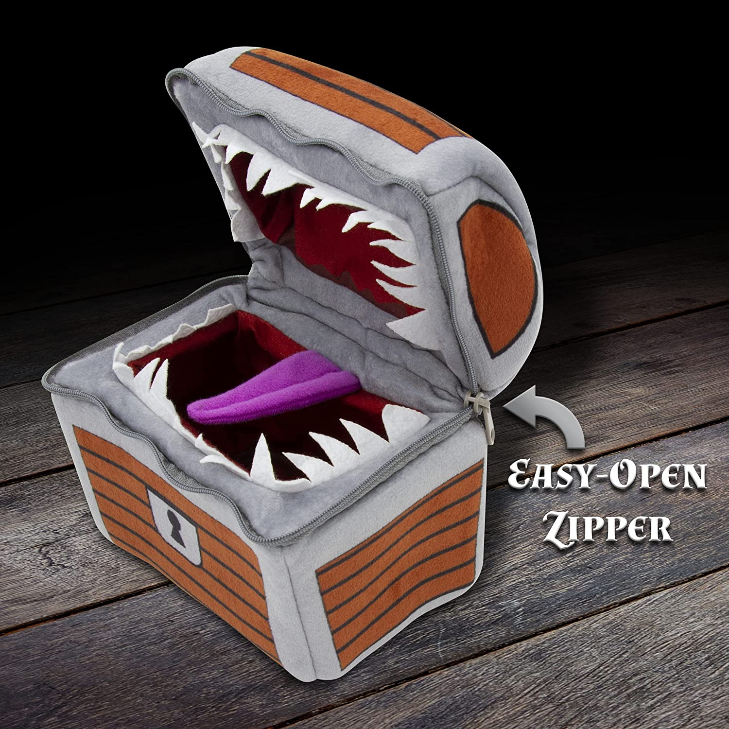 CASEMATIX Mimic Dice Chest & Dice Jail - 6.5 Inch Plush RPG Dice Storage Bag with Zipper & Carabiner - Holds 150 Dice (7 RPG Dice Included) - Perfect for D&D, Pathfinder & Tabletop Gaming Adventures