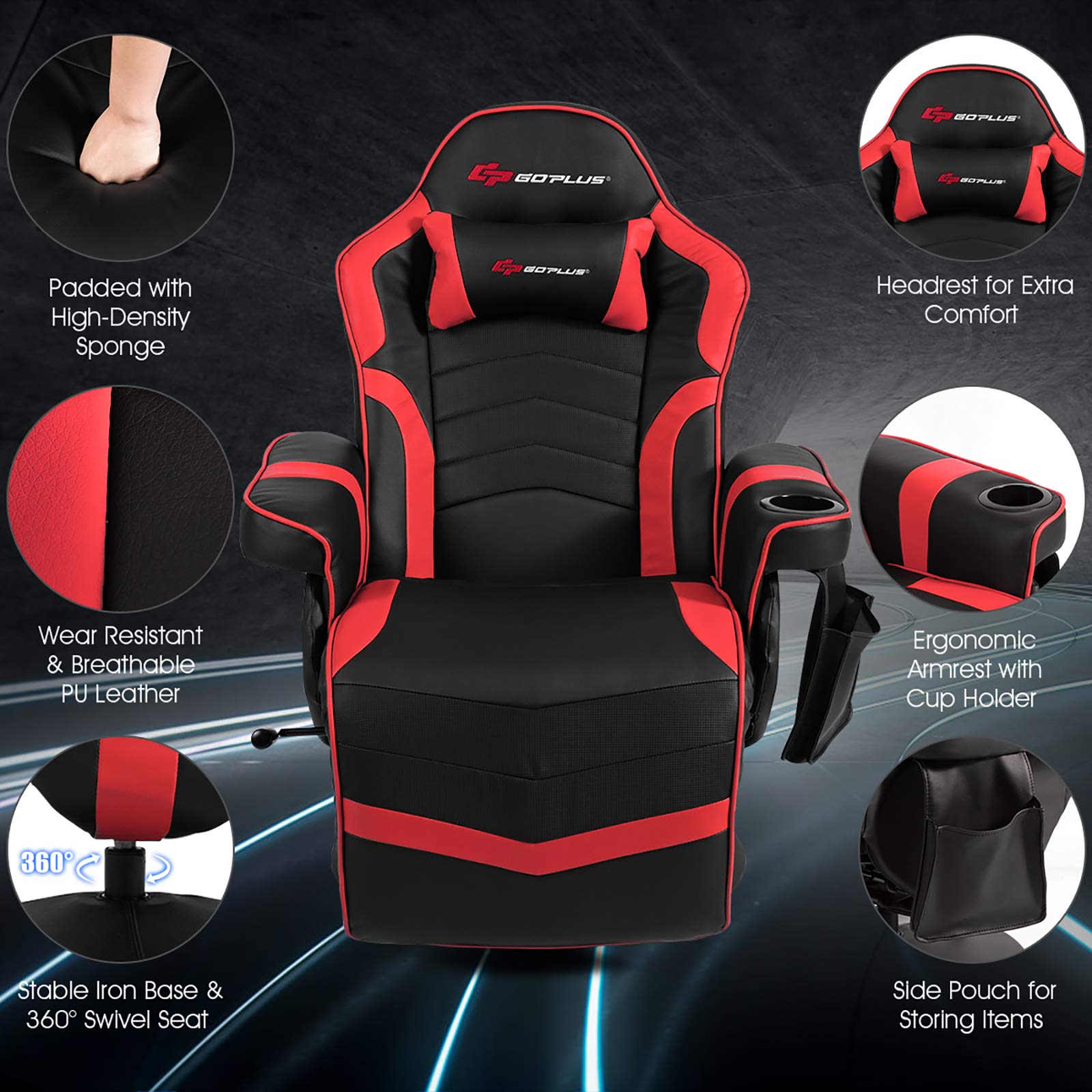 Powerstone Ergonomic Gaming Recliner Chair with Massage & Footrest - PU Leather Video Game Chair with Adjustable Headrest, Cup Holder & Side Pouch - Perfect for Gaming, Living Room & Home Theater Relaxation (Red)