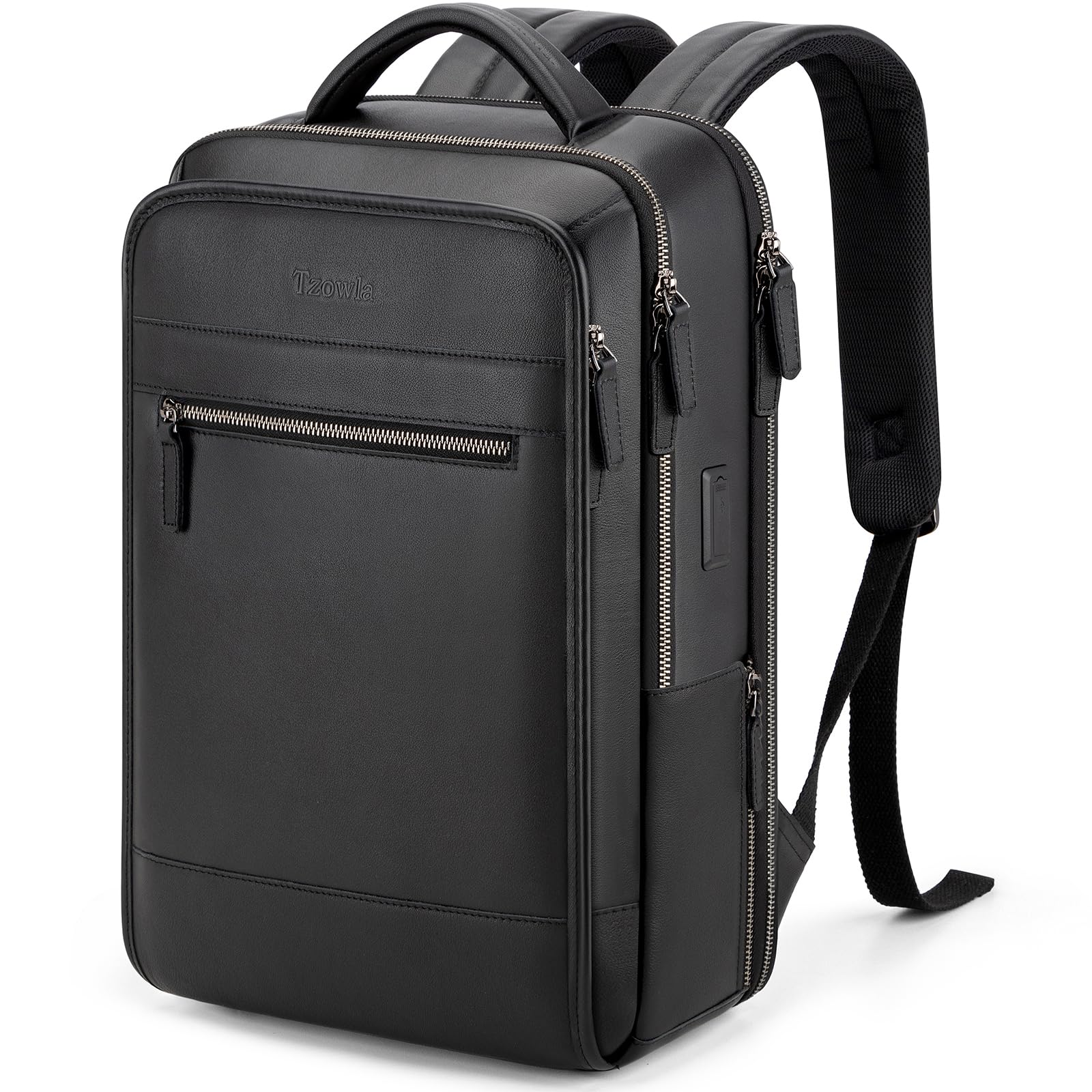 Tzowla Leather Laptop Backpack for Men & Women - Business Travel Work Rucksack Fits 15.6 Inch Laptop - USB & Type-C Charging Port - Black - Perfect for Office, College & Daily Commute