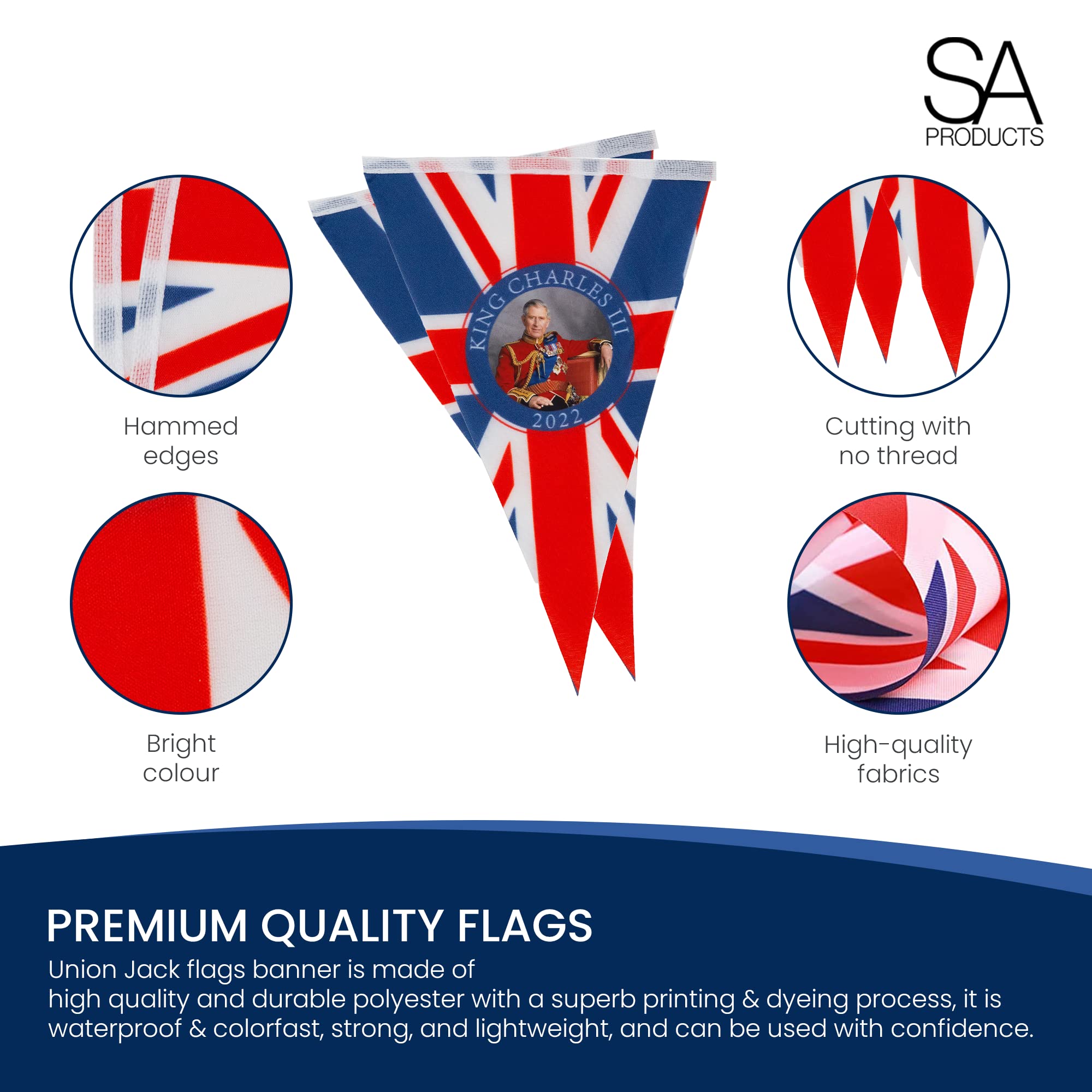 SA Products King Charles Coronation Decorations - 21x14CM Union Jack Flags (15M Long) - Royal Kings Coronation Party Supplies | Perfect for Home Decor, Street Parties & British Themed Events