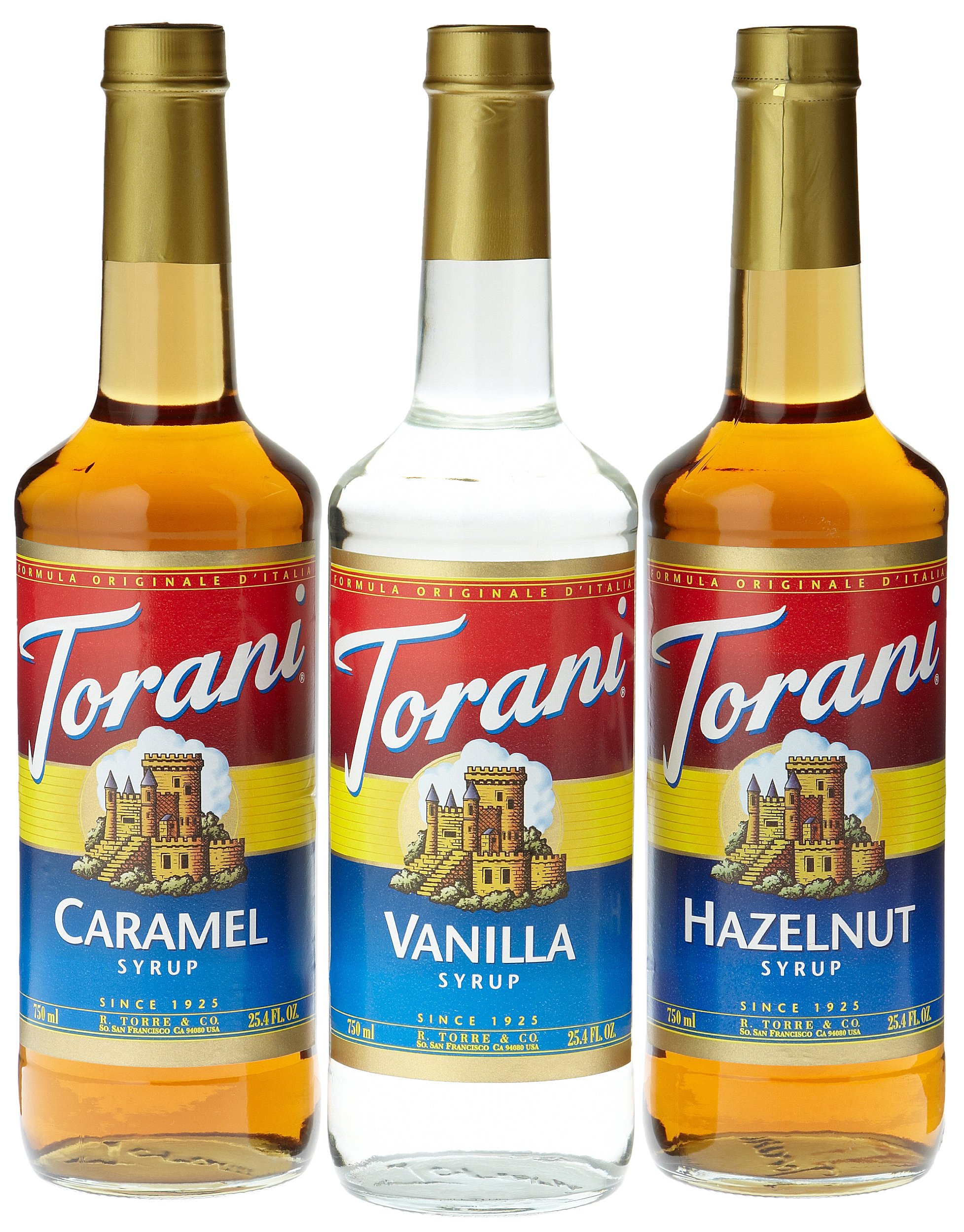 Torani Coffee Syrup Variety Pack - Vanilla, Caramel & Hazelnut Flavors, 3 Bottles (25.4 oz Each) for Coffee, Lattes, Desserts & Cocktails