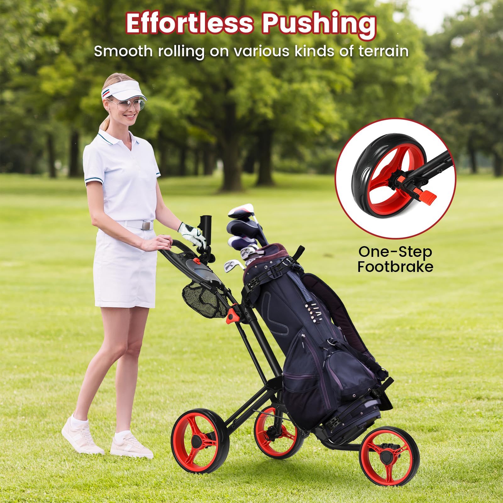 **Ultimate 3-Wheel Golf Push Cart – Lightweight Folding Golf Trolley with Scorecard Holder, Cup Holder, Umbrella Holder & Golf Bag Holder – Adjustable Handle & Foot Brake – Perfect for Golf Courses & Outdoor Sports**